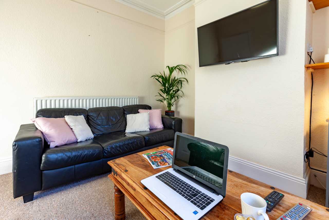 Living room with a sofa, wall-mounted television, coffee table, laptop and houseplants.