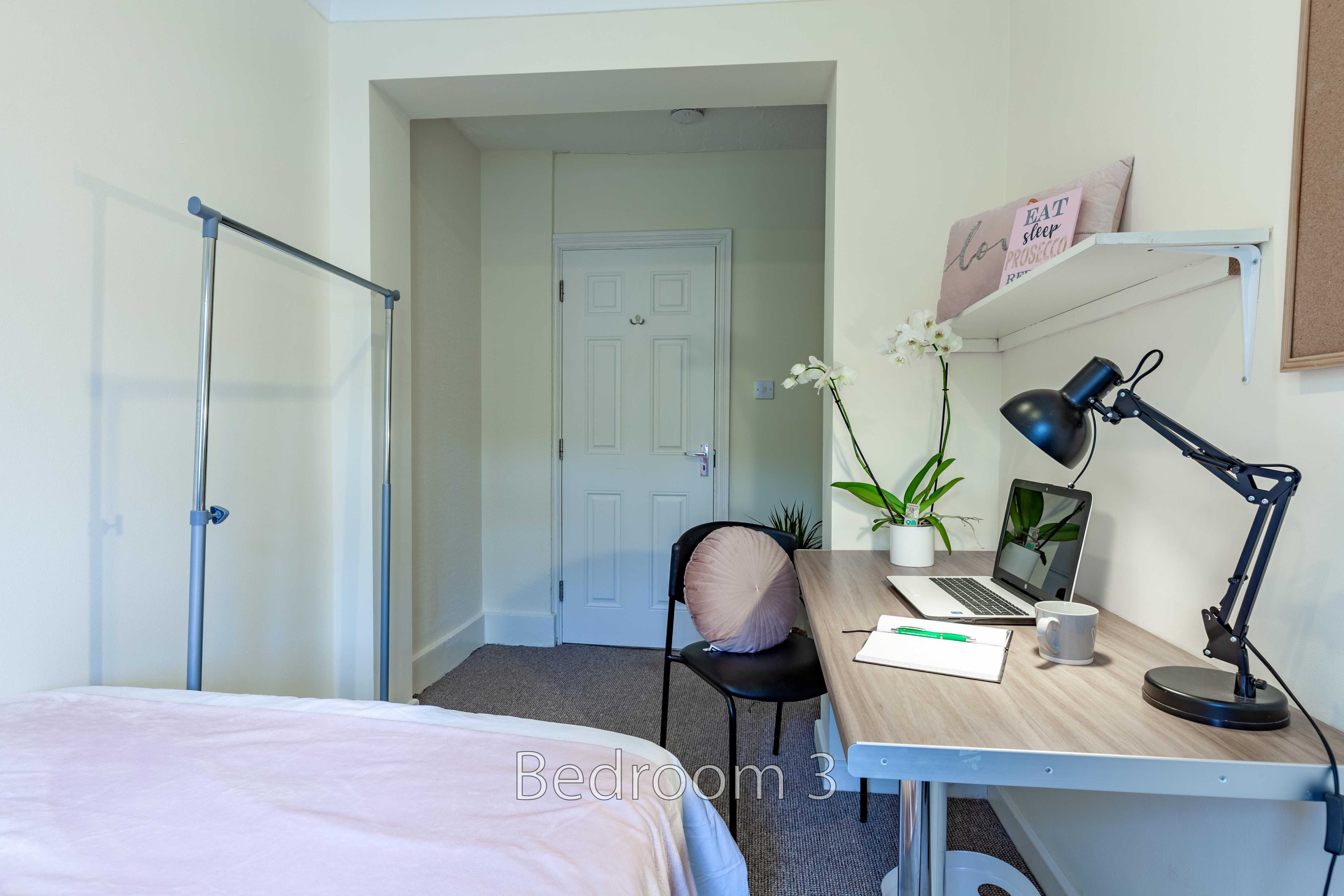 A bedroom with a bed, desk, chair, lamp, plant and wardrobe area.