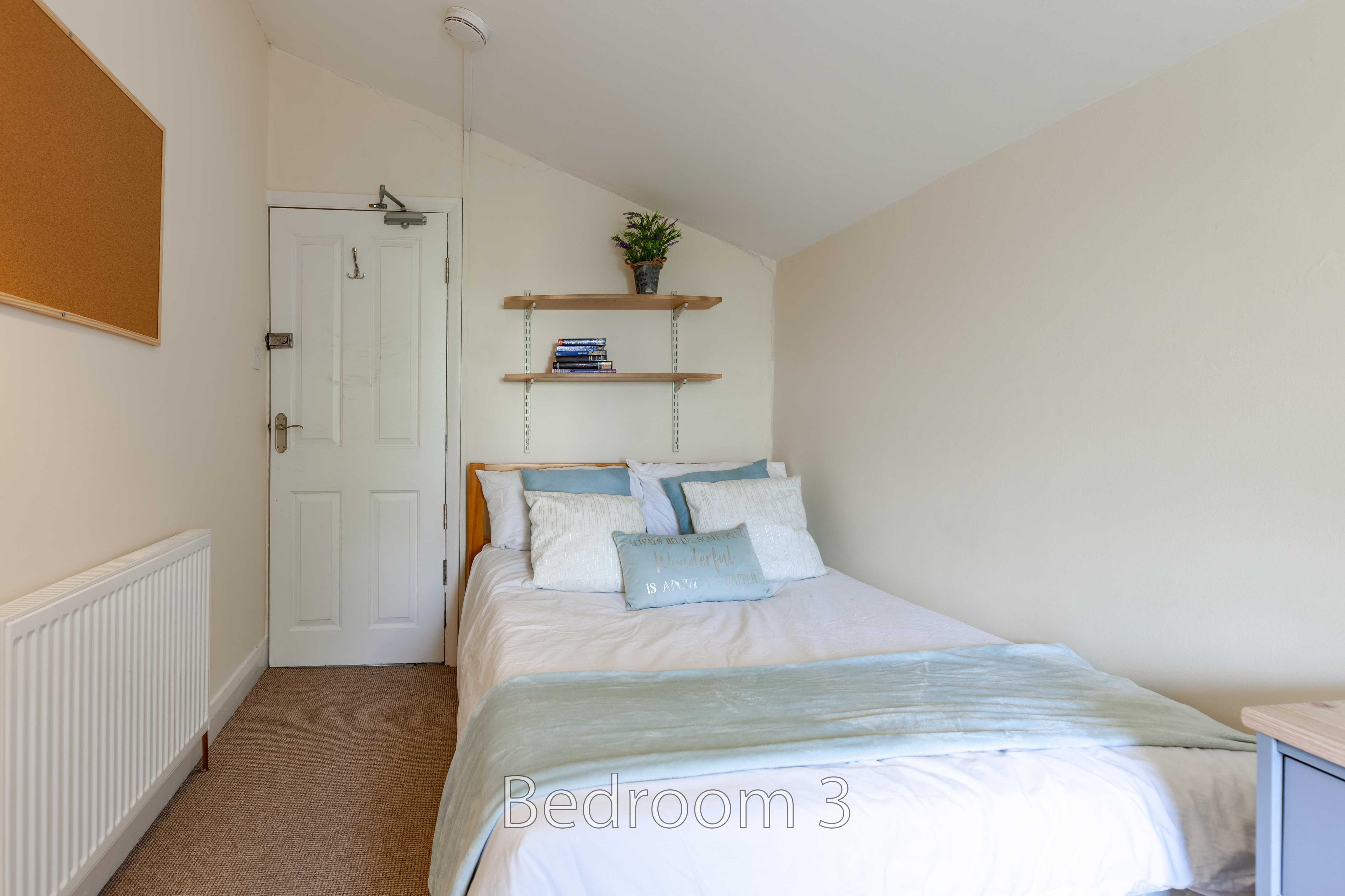 A bedroom with a double bed, shelves, a door, radiator and bedside furniture.