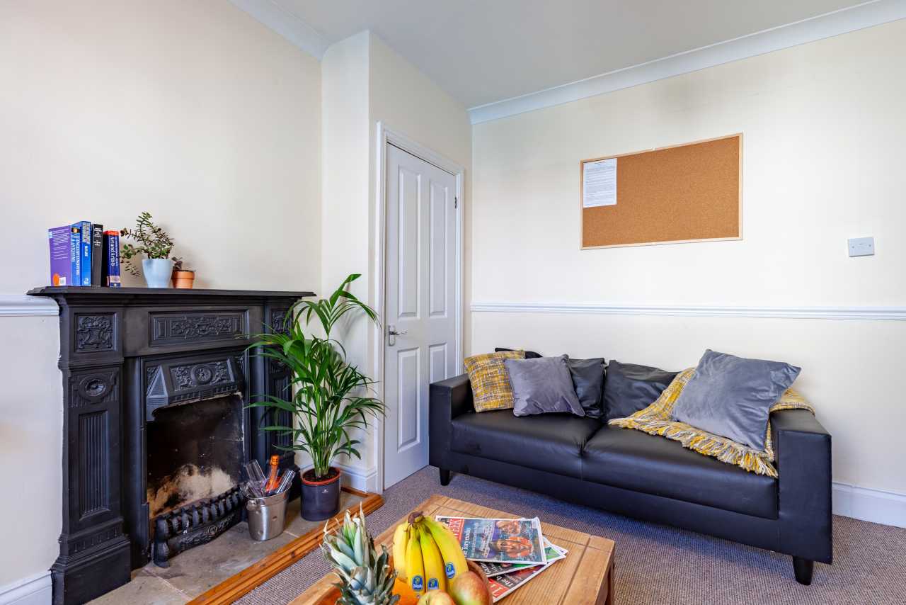 A furnished sitting room with a black sofa, fireplace, coffee table, plants and a noticeboard.