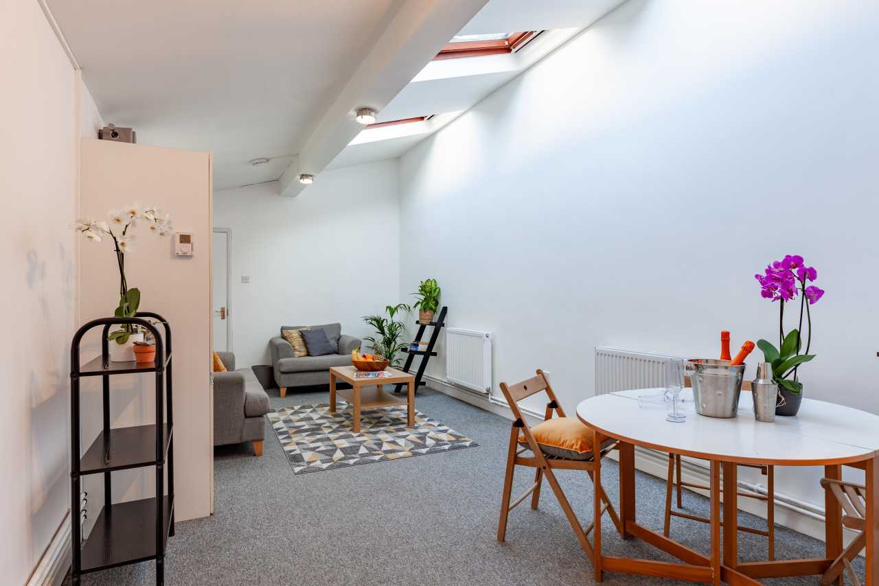 Bright furnished open-plan living and dining area with skylights, sofas, a coffee table, dining table and potted orchids.