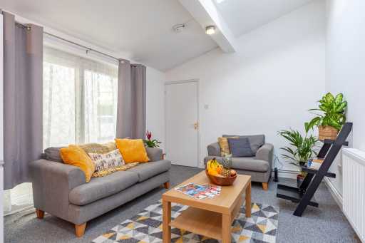 Furnished living room with grey sofas, a wooden coffee table, patterned rug, curtains, plants and a radiator.