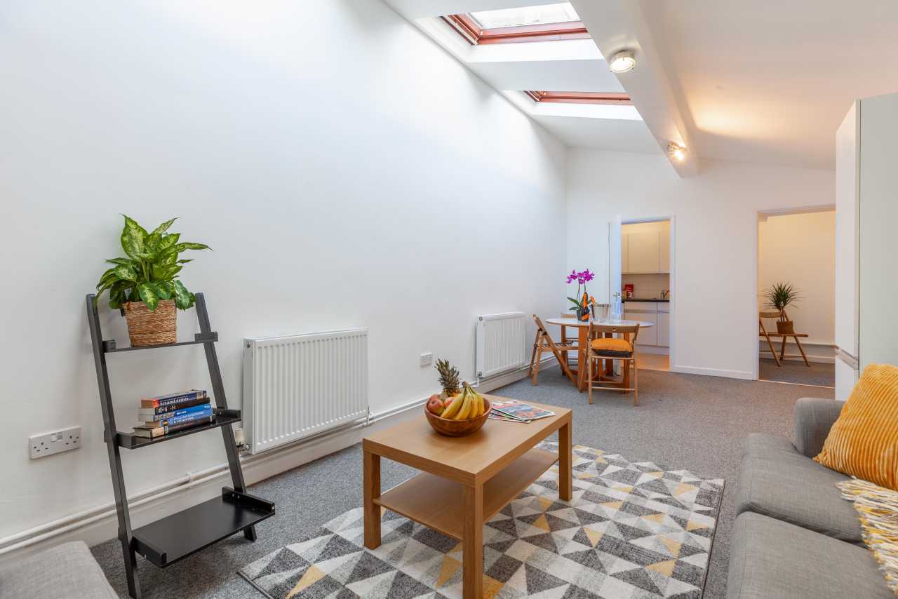 Bright shared living area with a sofa, coffee table, patterned rug, dining table, skylights and shelving.