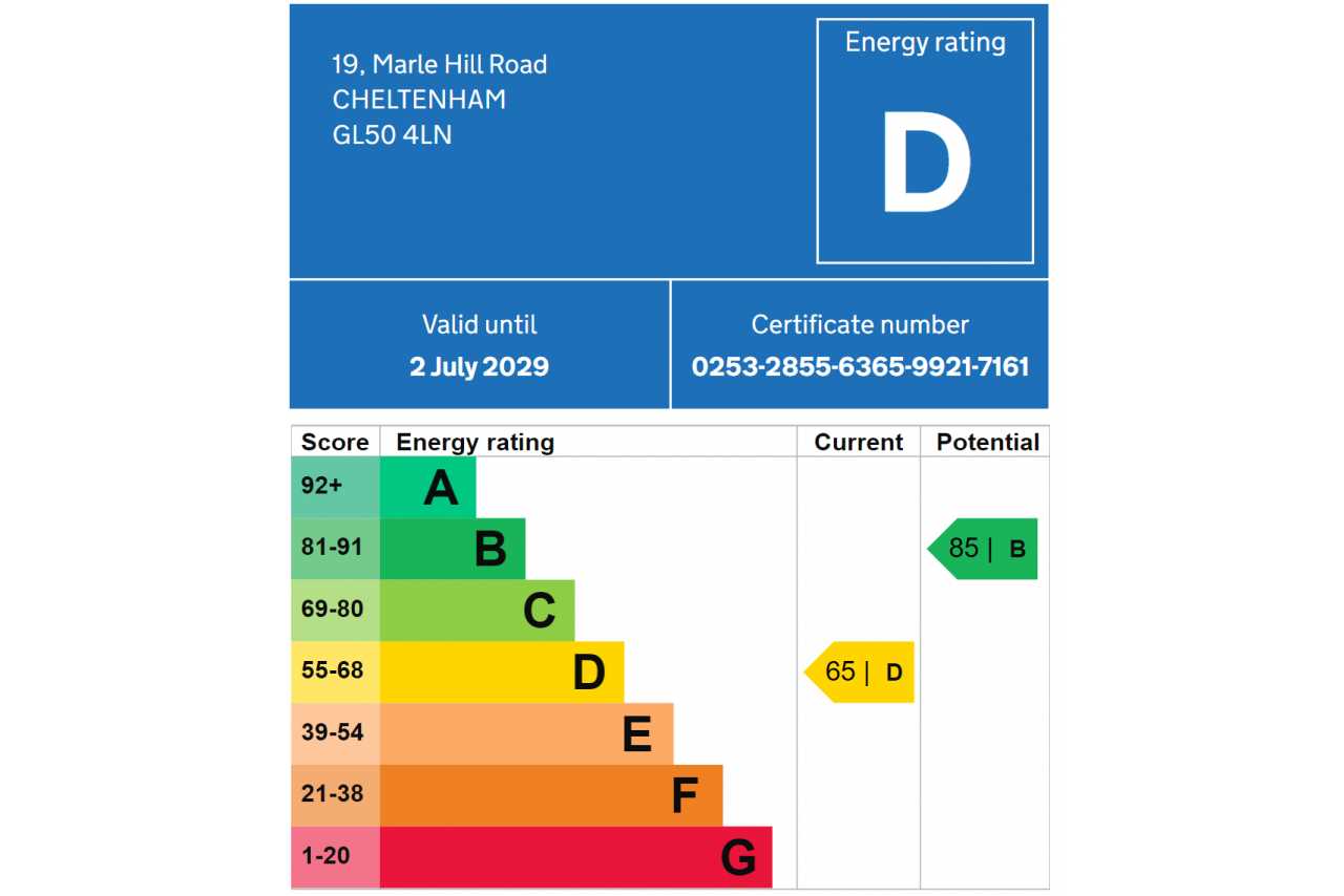An energy performance certificate showing a D energy rating for a property in Cheltenham.