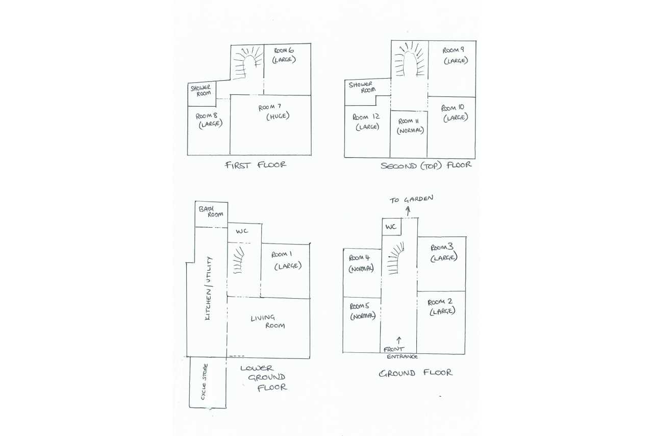 Hand-drawn floor plan showing four labeled layouts: first floor, second floor, ground floor, and garage level.