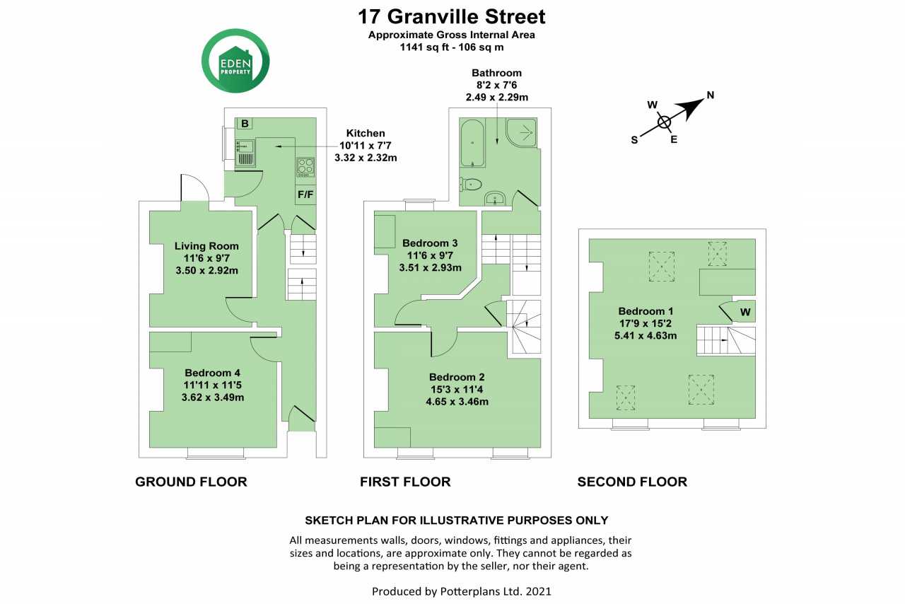 Three-level residential floor plan showing room layouts for the ground, first and second floors.