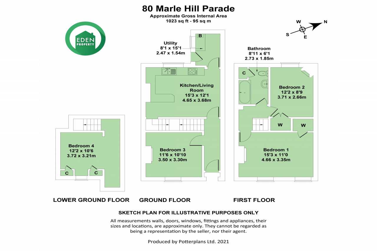 Floor plan showing a three-level home with four bedrooms, bathrooms, a kitchen/living room, utility room and stairs.