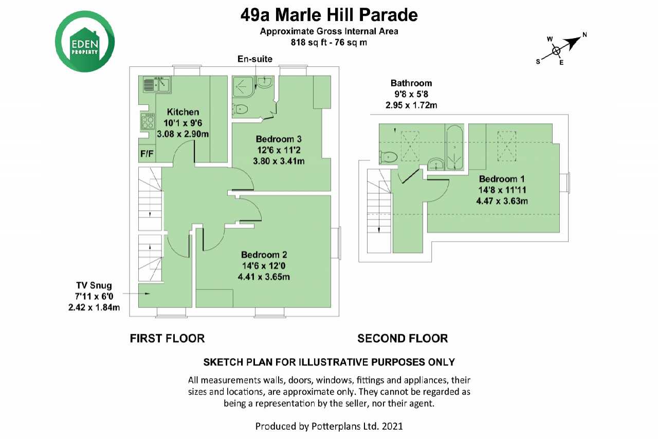 Illustrated two-floor property plan showing a kitchen, bathroom, three bedrooms, a TV area and stairs.