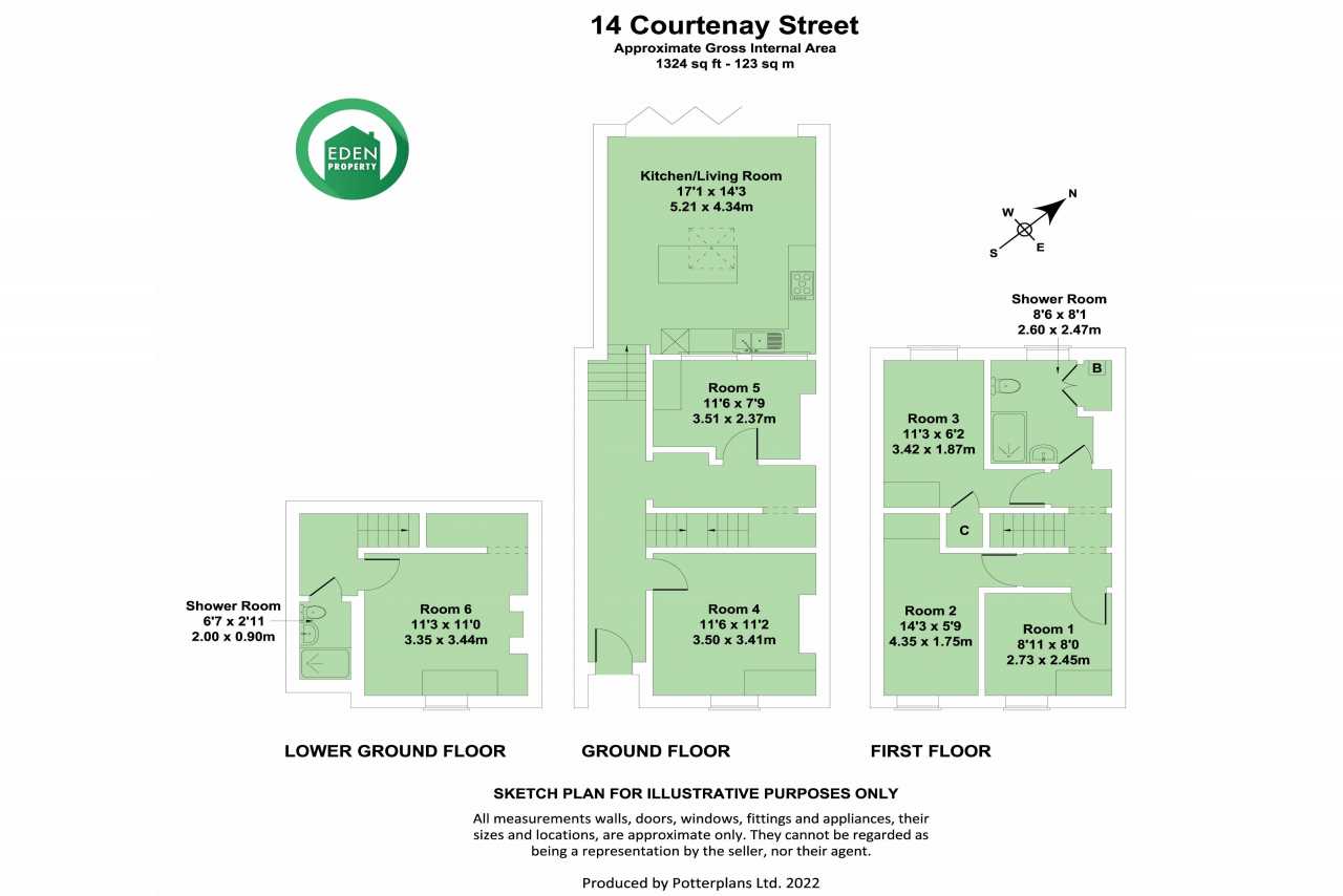 Illustrated floor plan for 14 Courtenay Street showing rooms across lower ground, ground and first floors.