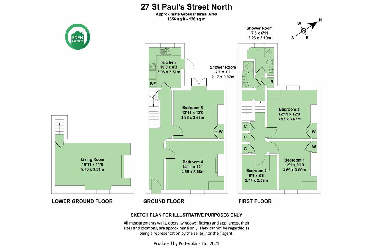 Illustrated floor plan showing the lower ground, ground and first floors of a residential property, with labelled rooms and a north arrow.