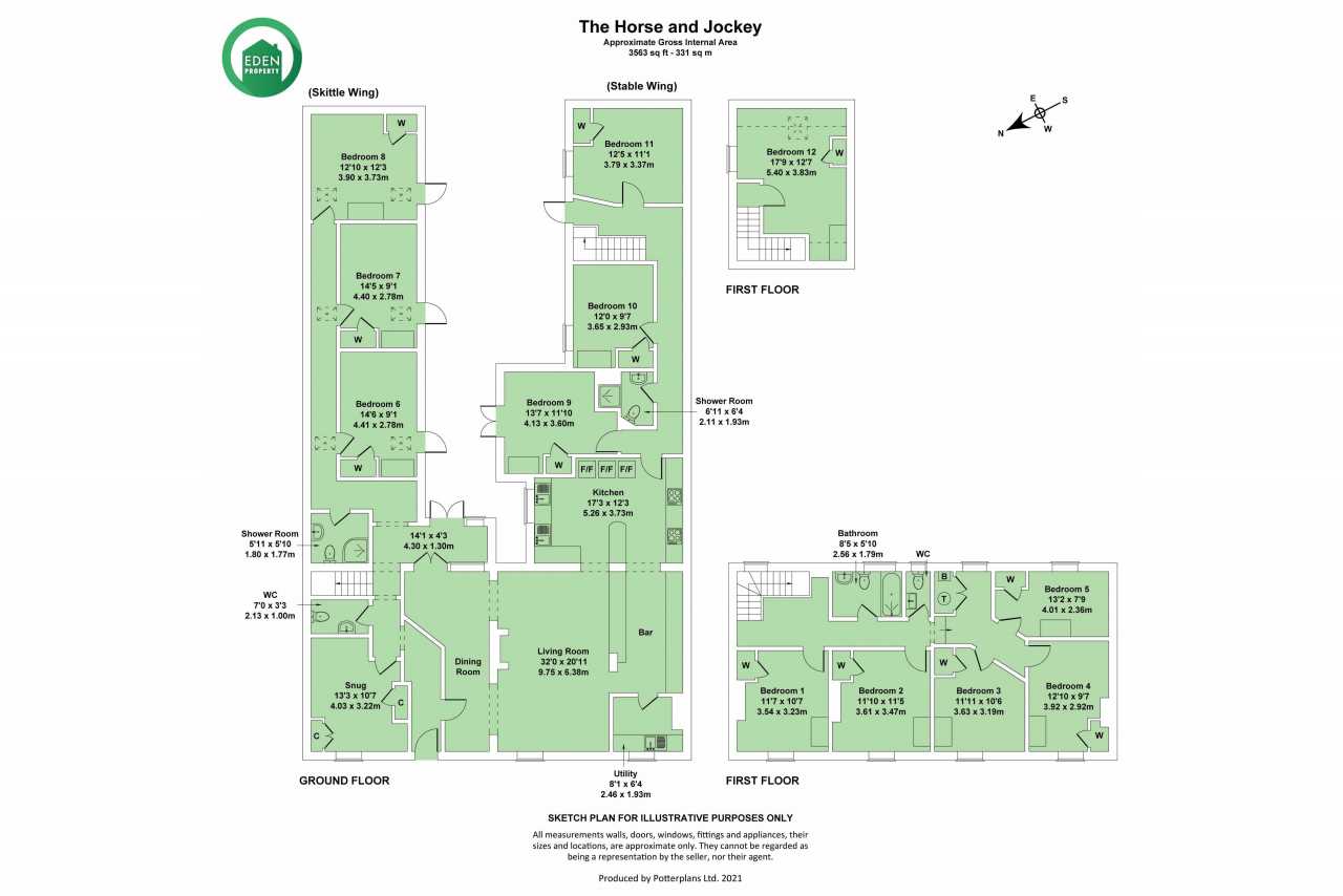 A floor plan showing multiple connected residential areas and labeled rooms.