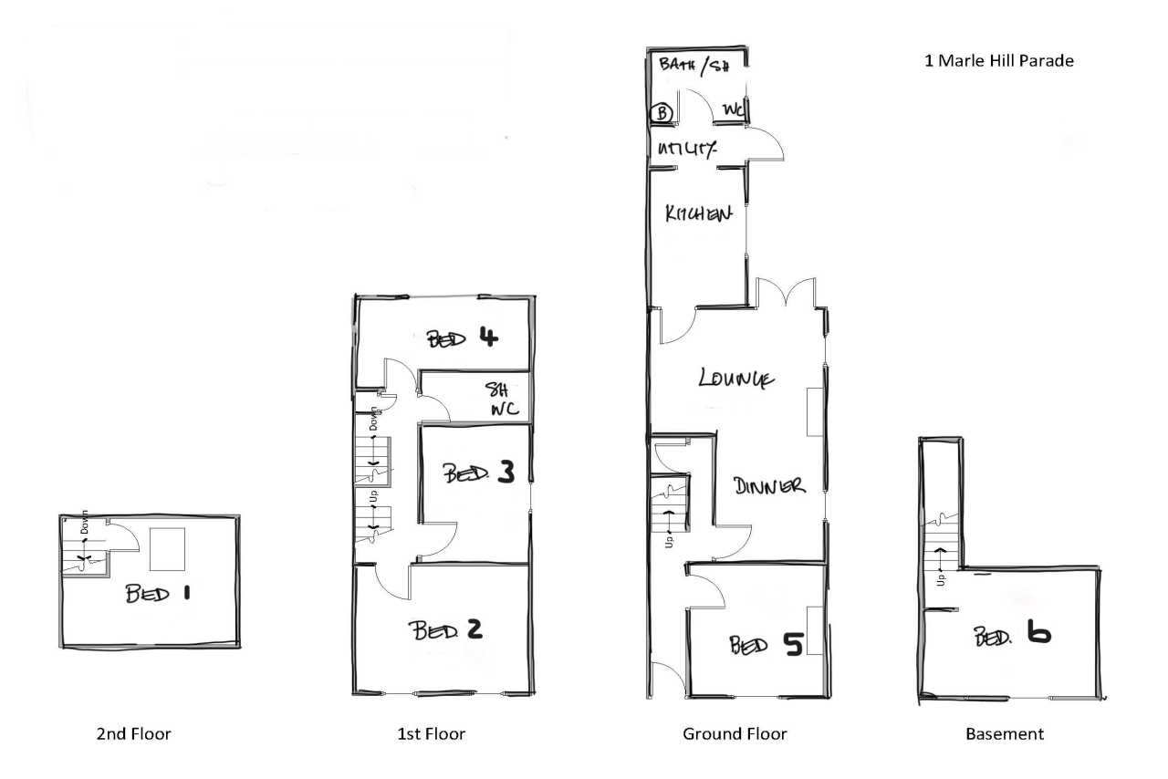 Hand-drawn floor plan showing rooms across the basement, ground, first and second floors.