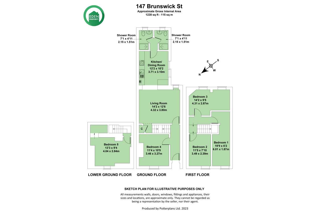 Floor plan showing room layouts across lower ground, ground and first floors.