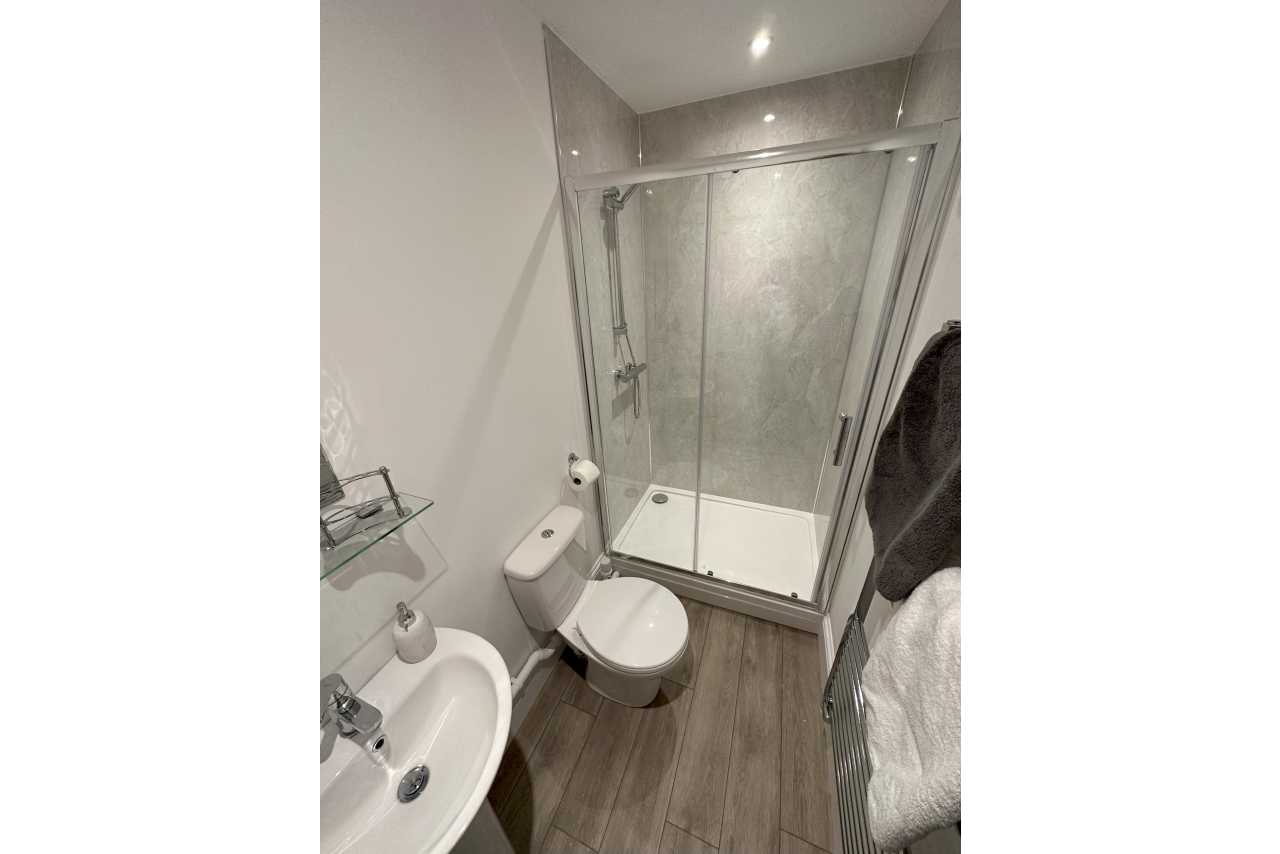 Compact bathroom with a sink, toilet, glass shower enclosure, wall mirror and wood-effect flooring.