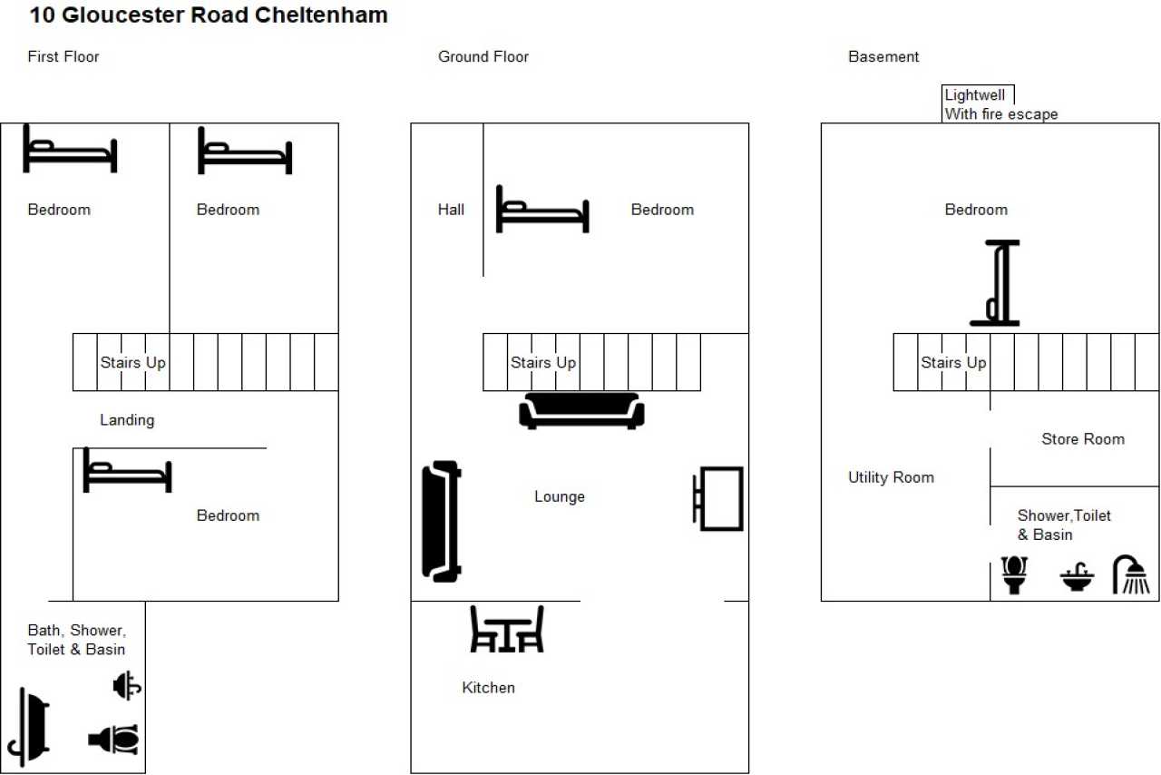 Floor plan for 10 Gloucester Road, Cheltenham, showing bedrooms, lounge, kitchen, utility room, store room, bathroom and stairs across three levels.