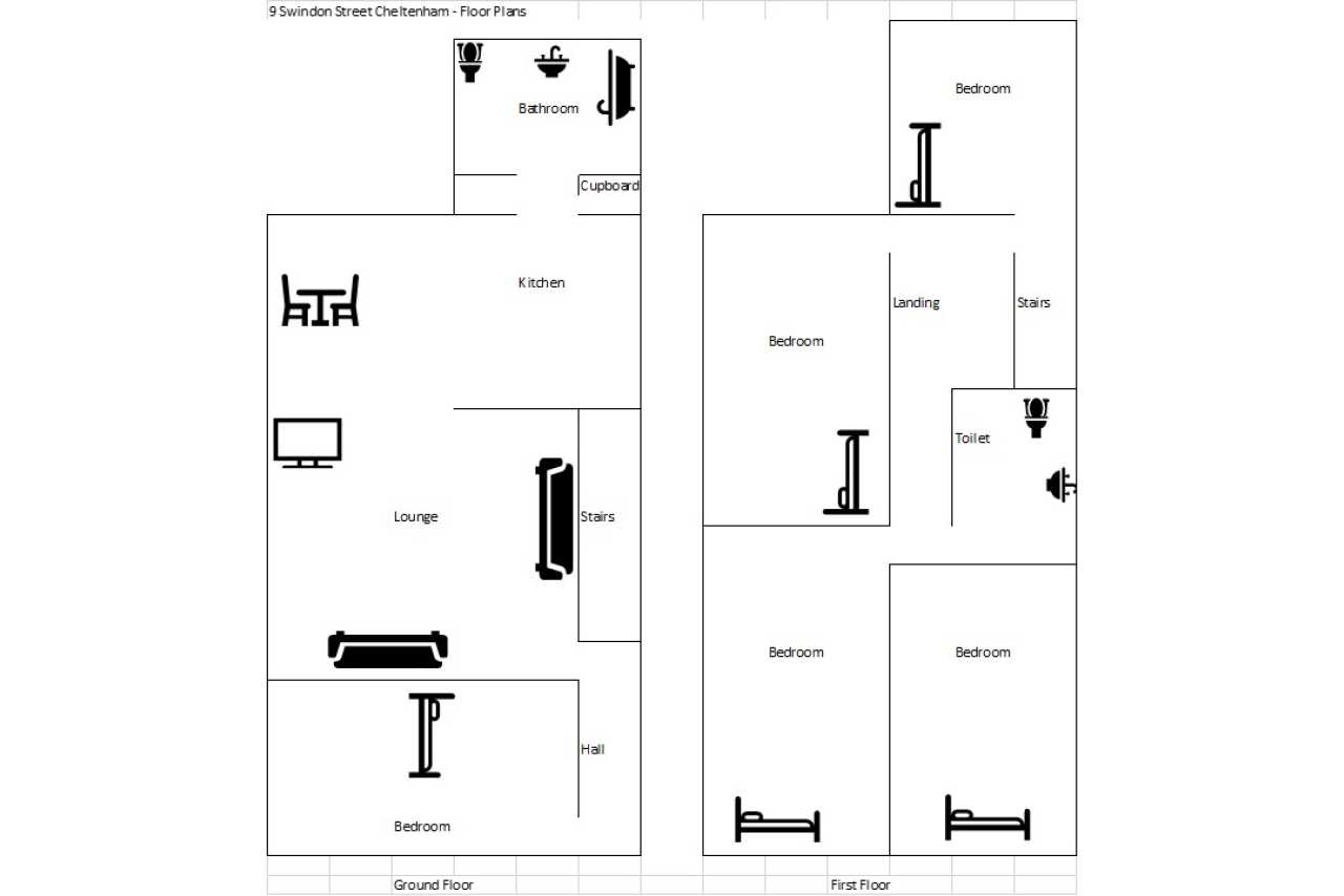 Black-and-white floor plan showing a kitchen, living room, dining area, bathroom, hall, stairs, and several bedrooms.