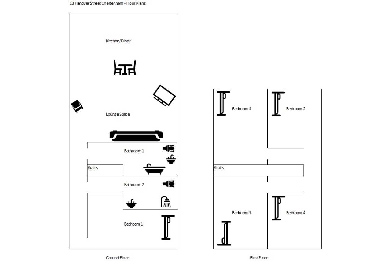 Black-and-white floor plan showing a kitchen/diner, lounge, bathroom and bedrooms 1 through 5.