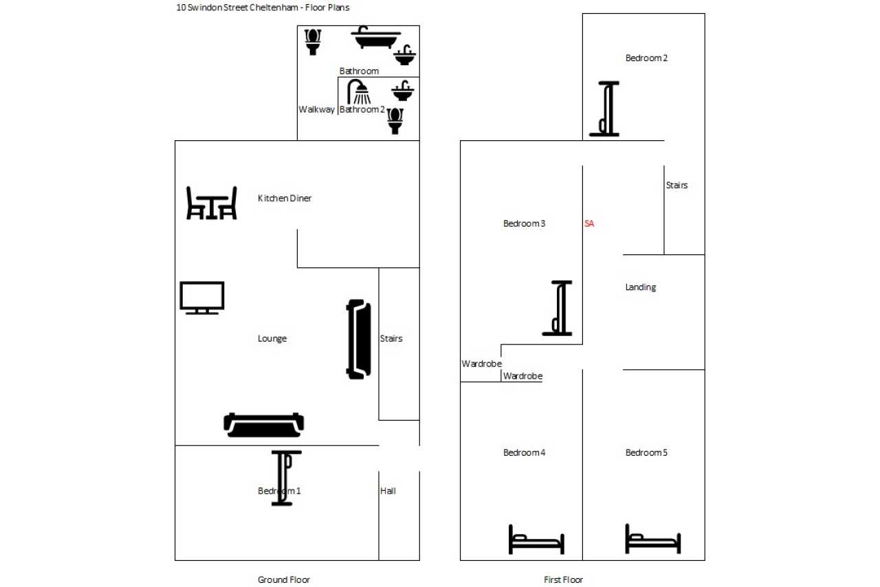 Black-and-white floor plan showing multiple rooms, bathrooms, stairs, furniture symbols and an outdoor area.