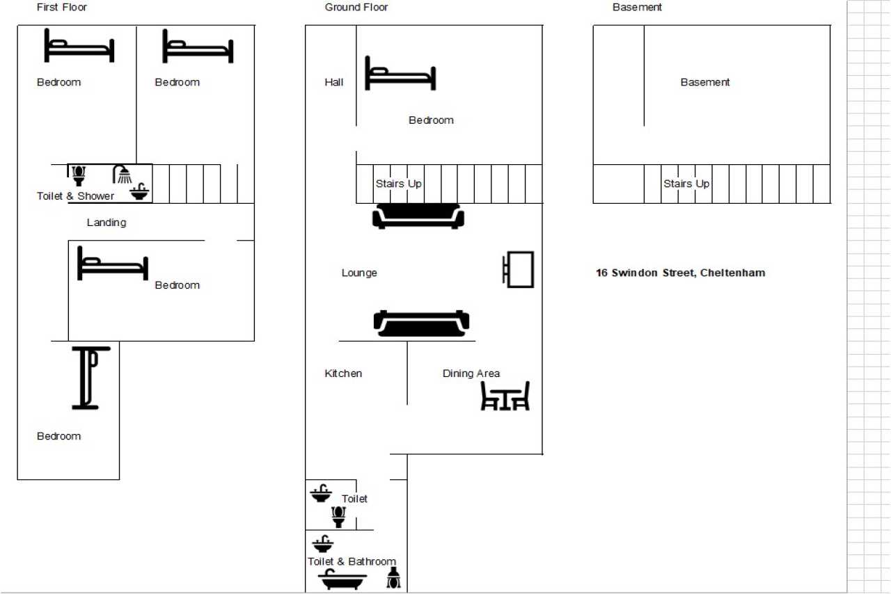 A floor plan showing bedrooms, bathrooms, a lounge, kitchen, dining area and stairs across multiple levels.