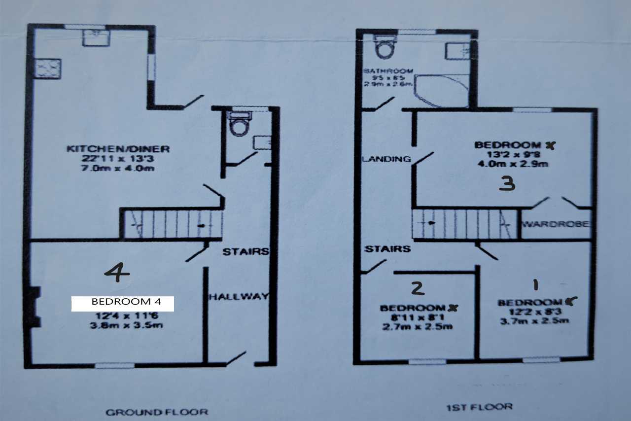 Floor plan showing a four-bedroom house layout across ground and first floors, with kitchen/diner, hallways, stairs, bathroom and bedrooms.
