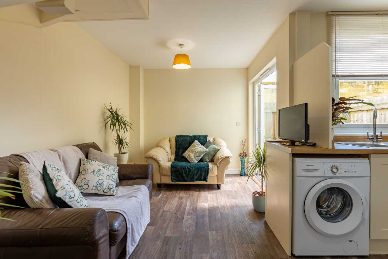 A furnished shared living area with sofas, a television, plants, a washing machine and a kitchenette.