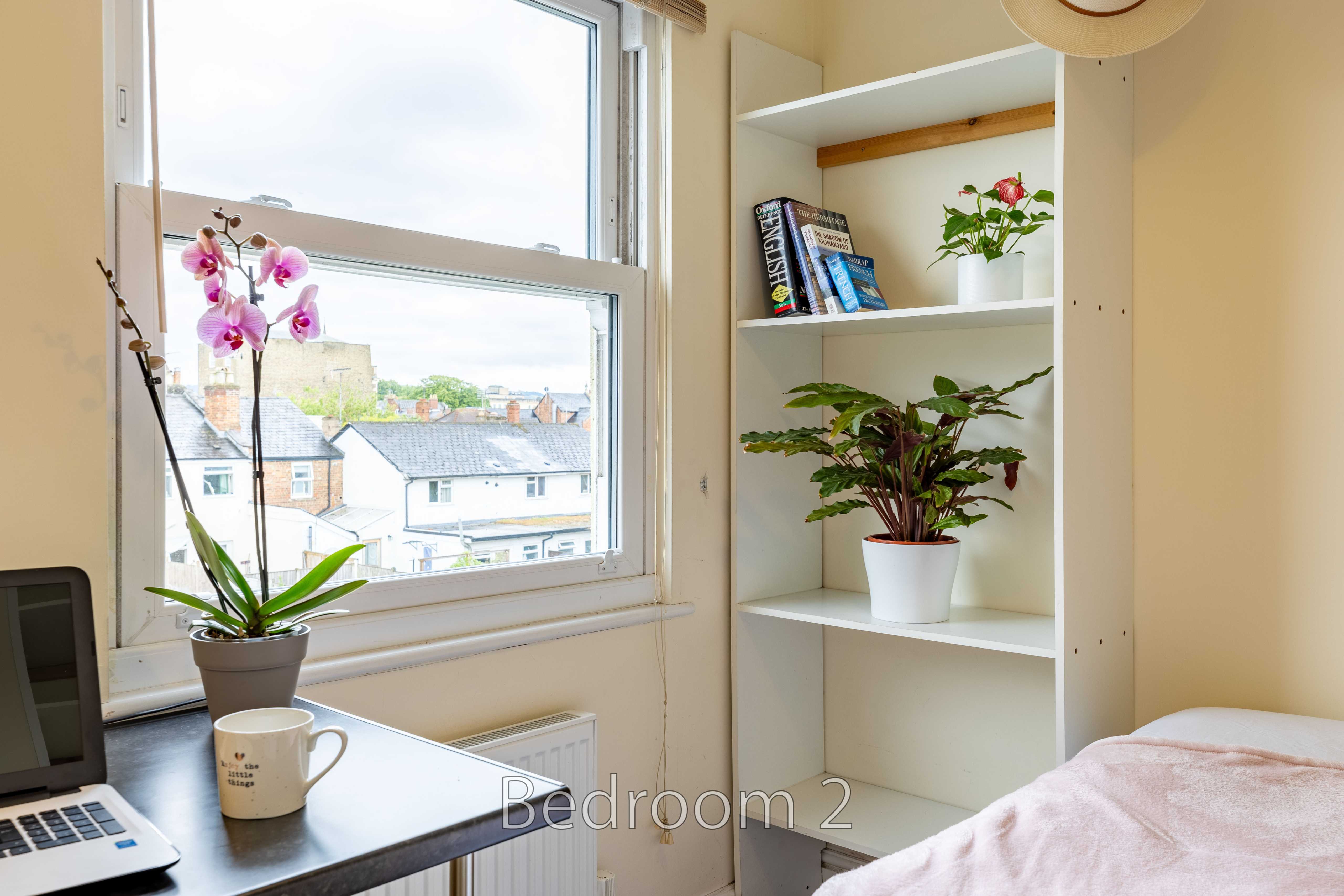 Bedroom with a window, desk, potted plants, shelving and part of a bed.