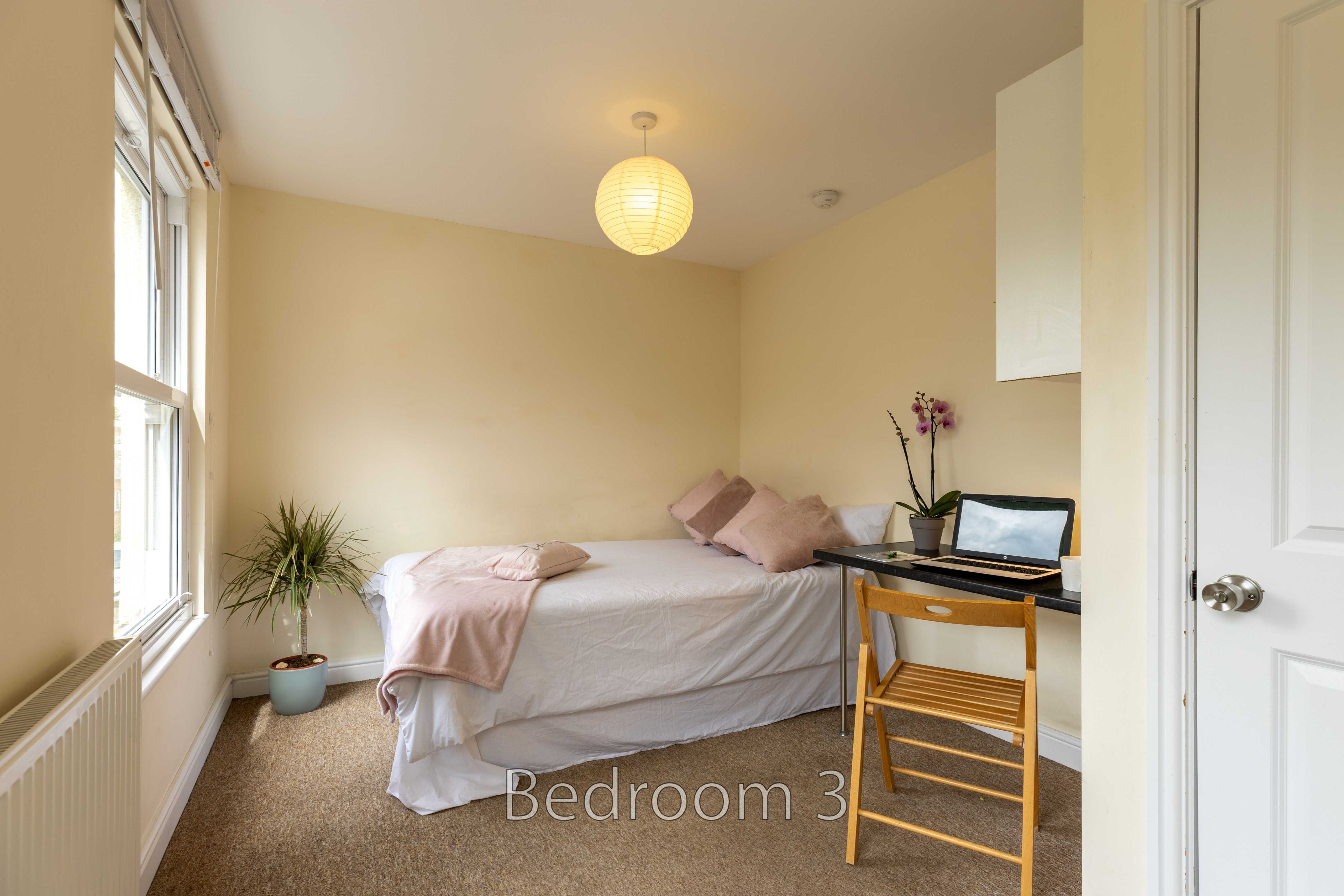 A bedroom with a single bed, desk and chair, window, radiator, plant and pendant light.