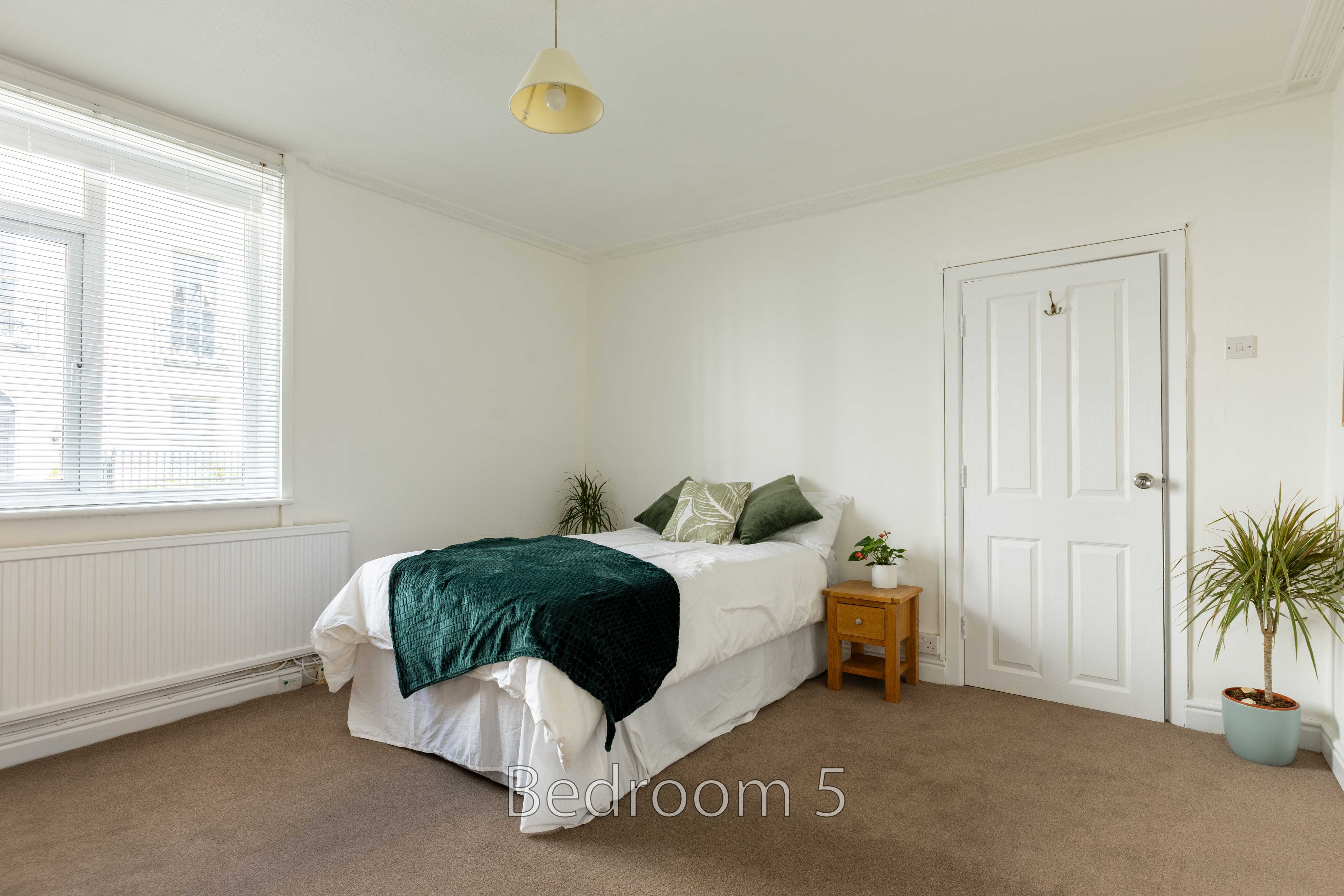 A bright bedroom with a double bed, bedside table, window, radiator and potted plants.