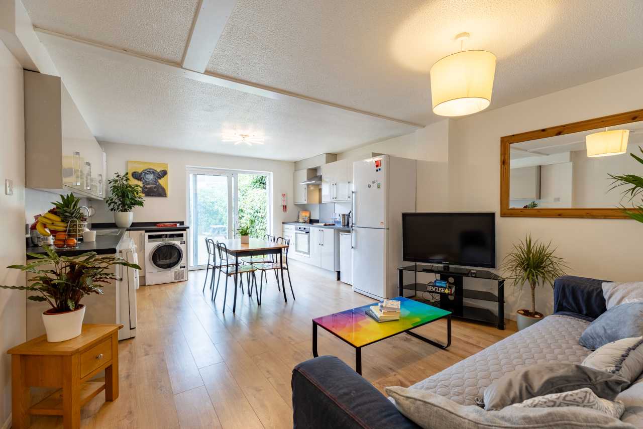 Open-plan living and dining area with a kitchen, sofa, television, dining table and plants.