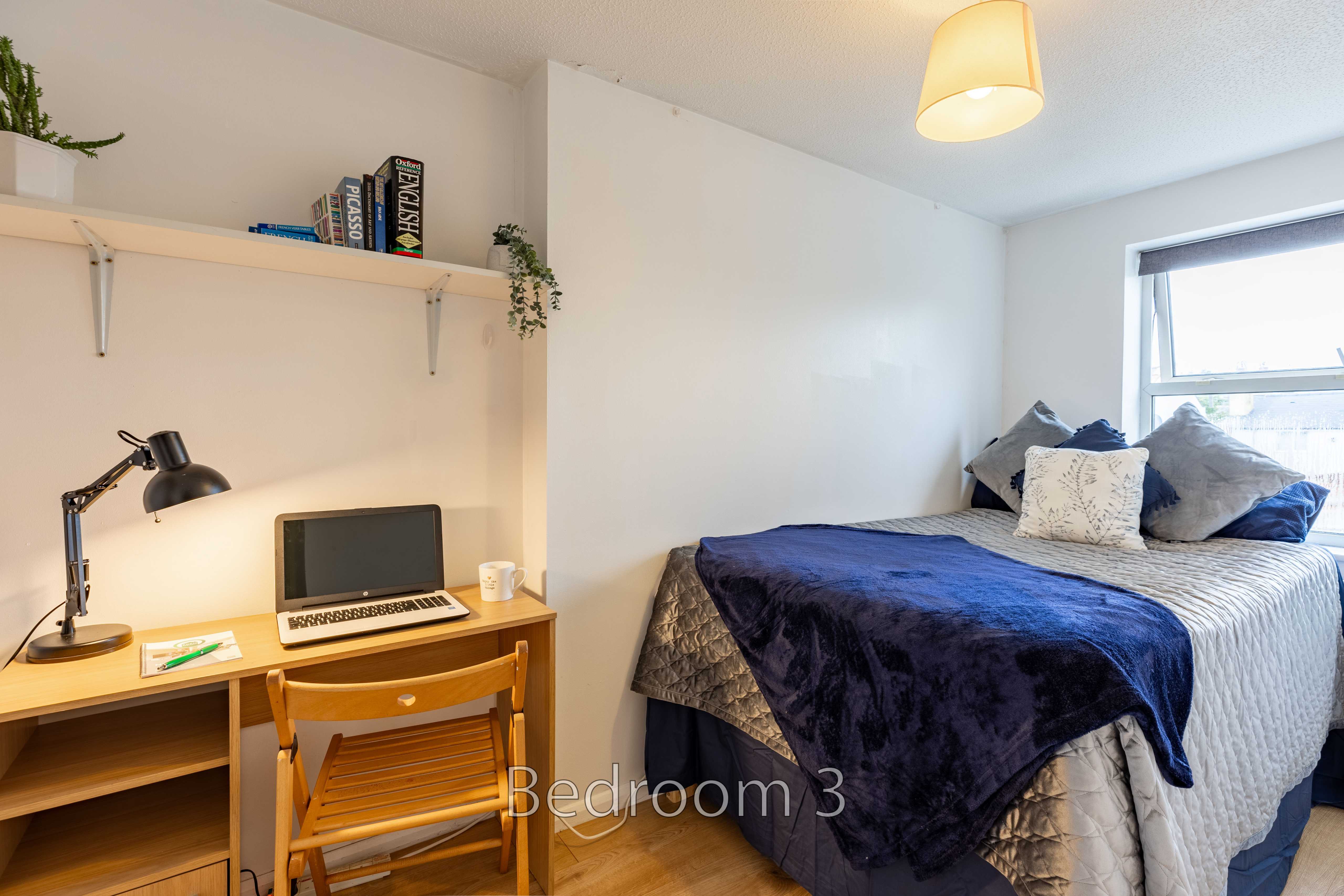 A bedroom with a bed, desk, chair, shelves and a window.
