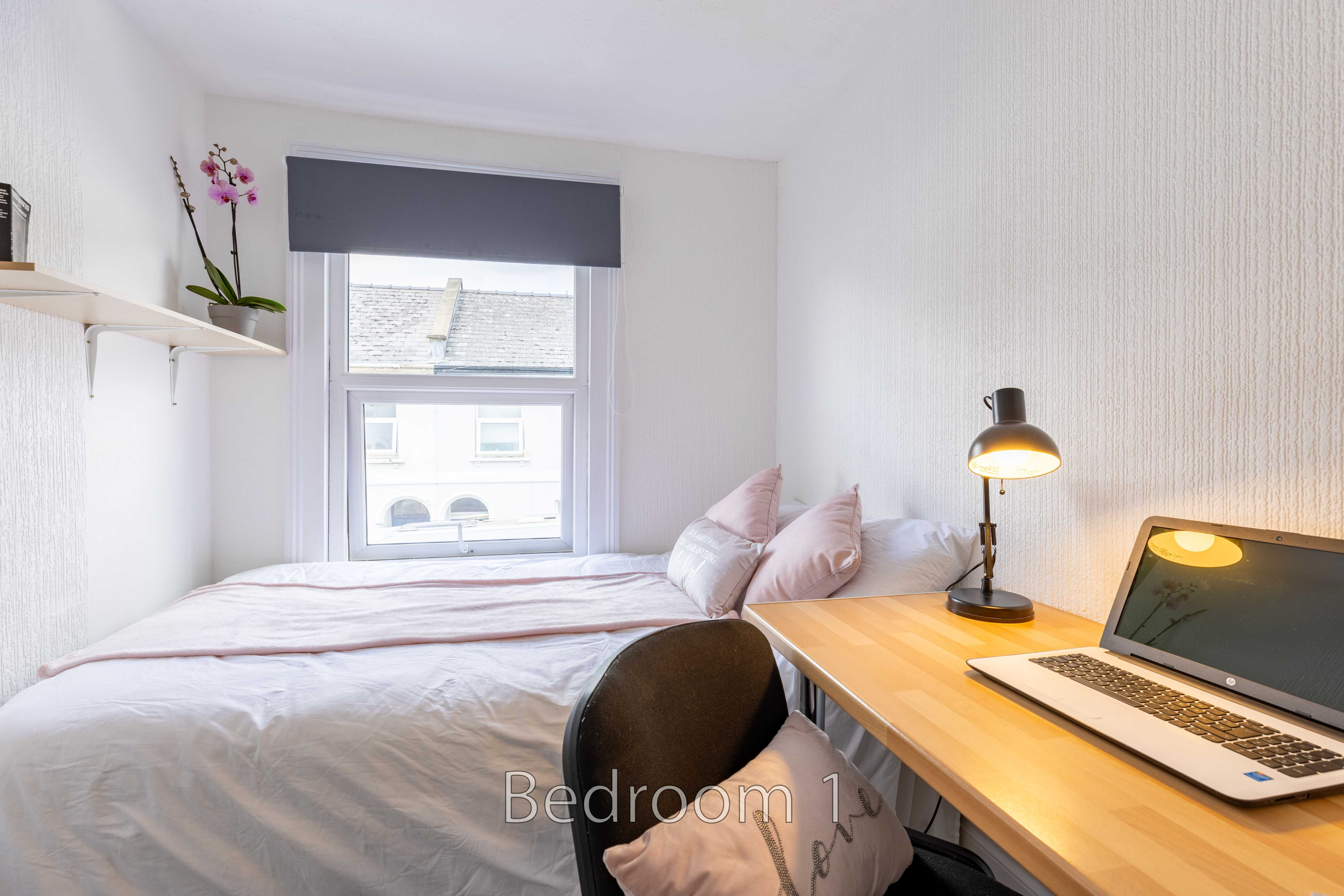A bright bedroom with a single bed, desk, laptop, lamp, window and orchid.