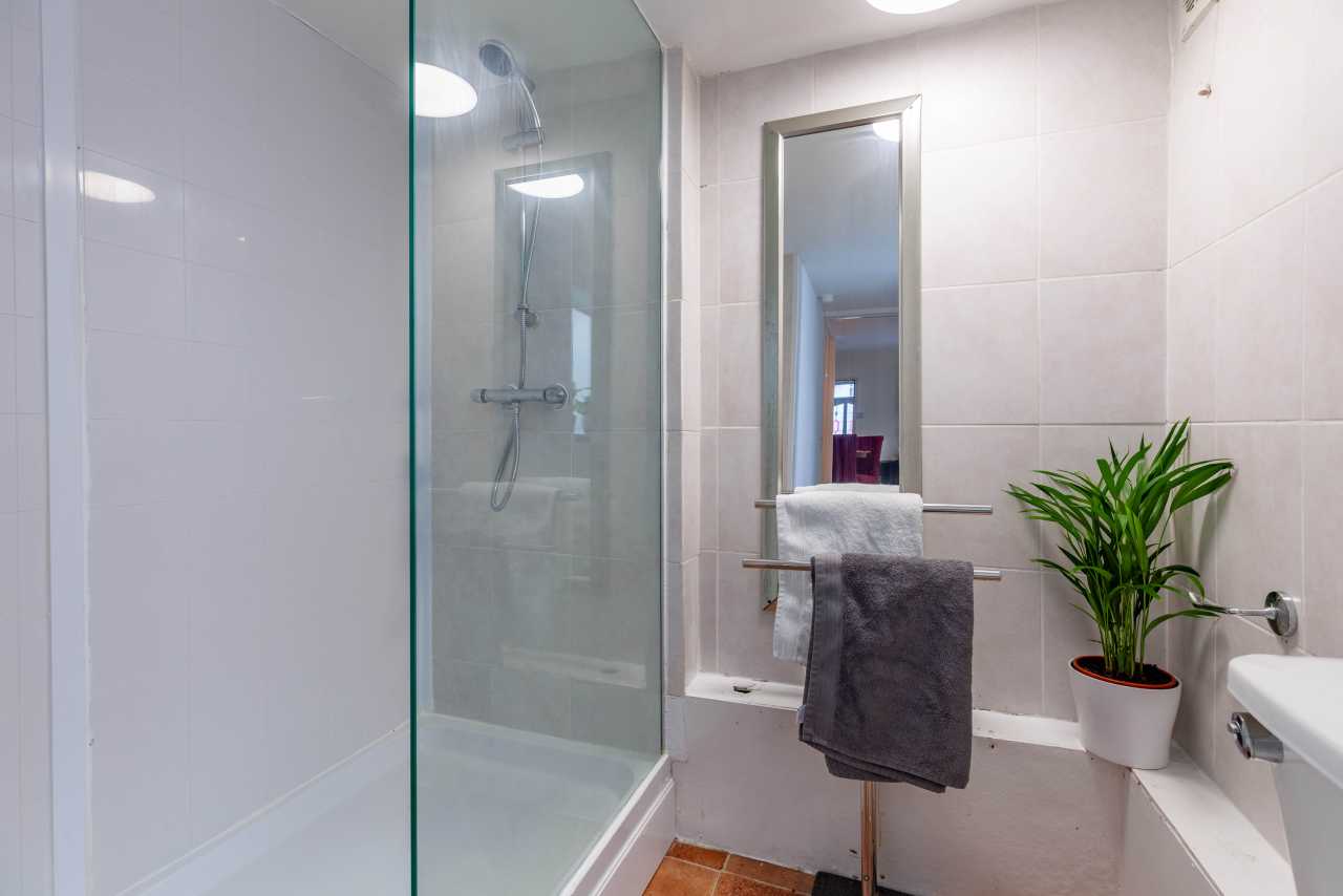 Bright tiled bathroom with a glass shower enclosure, sink, mirror, towels and a potted plant.