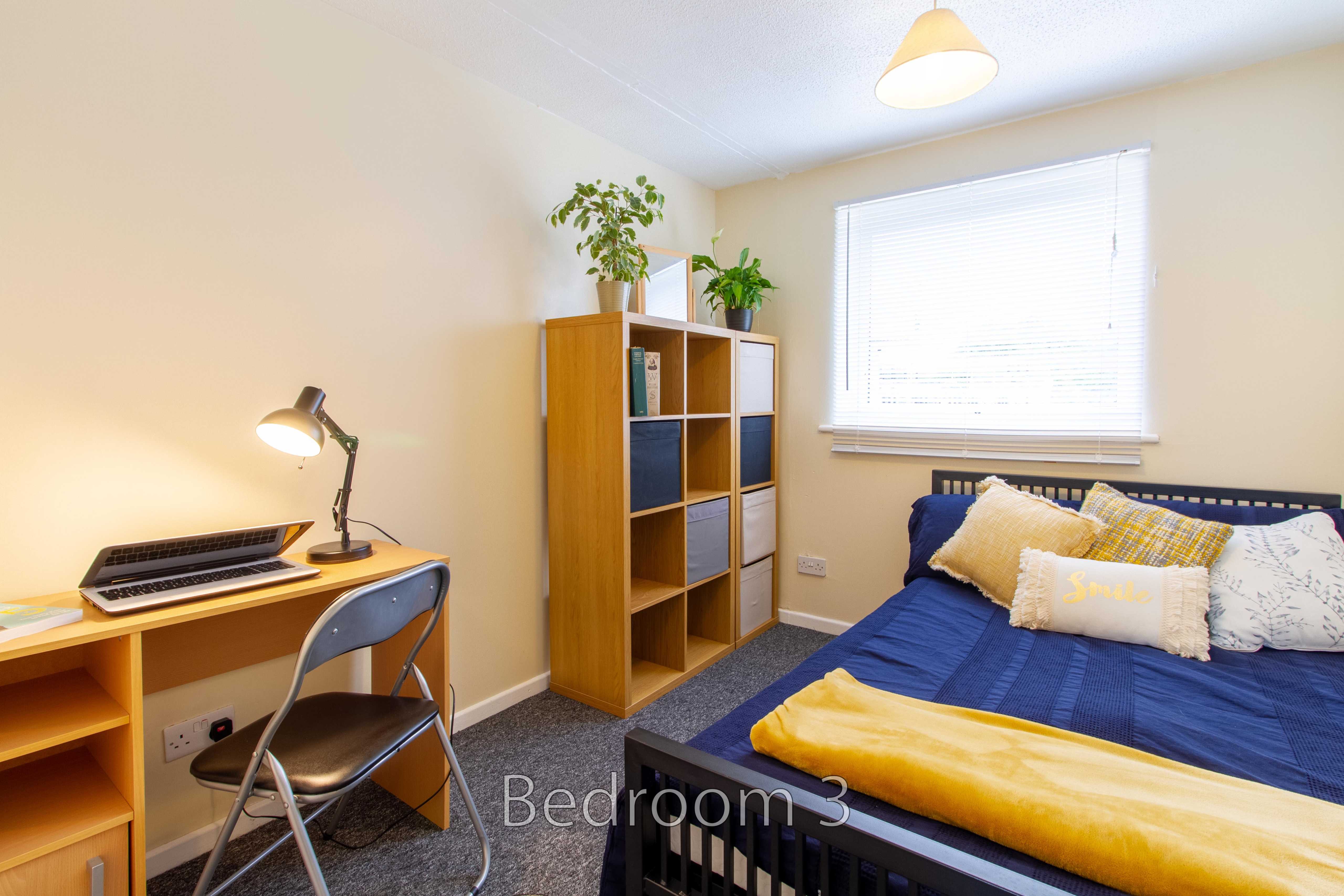 A furnished bedroom with a bed, desk, chair, shelving unit, plants and a window.
