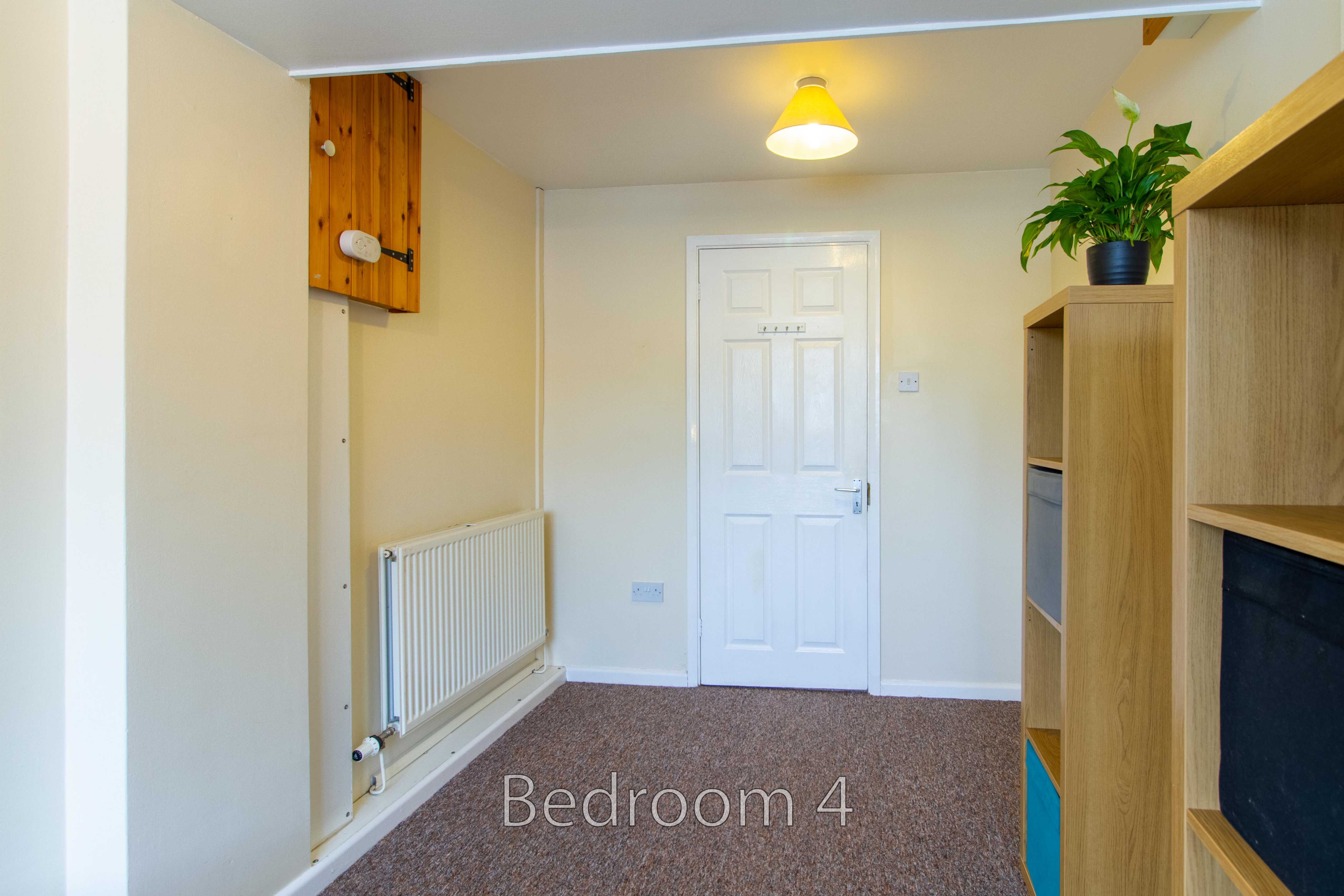 A carpeted bedroom with a white door, radiator, ceiling light, wooden shelving and a potted plant.