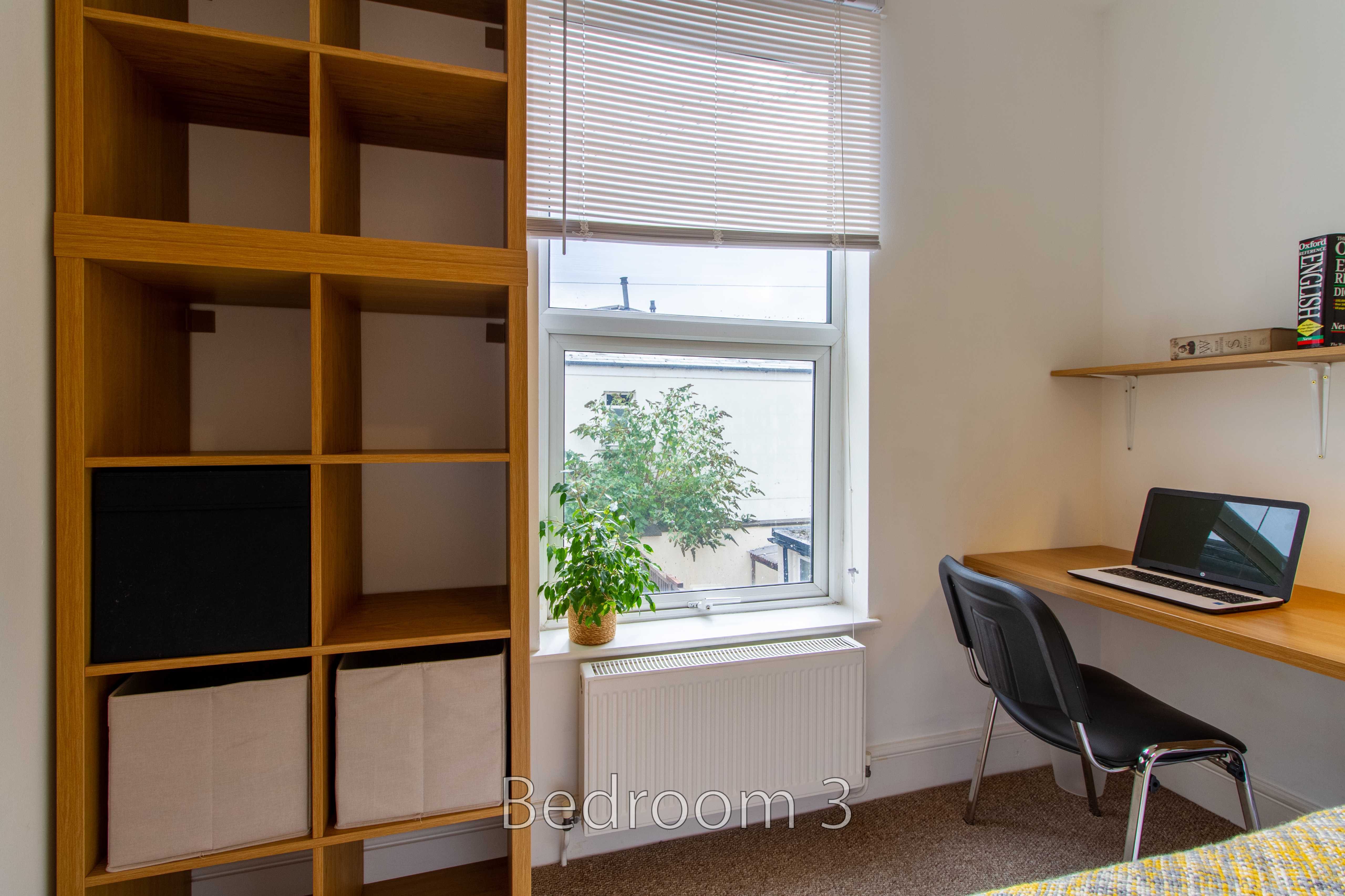Bedroom with a window, shelving, desk, laptop and chair.