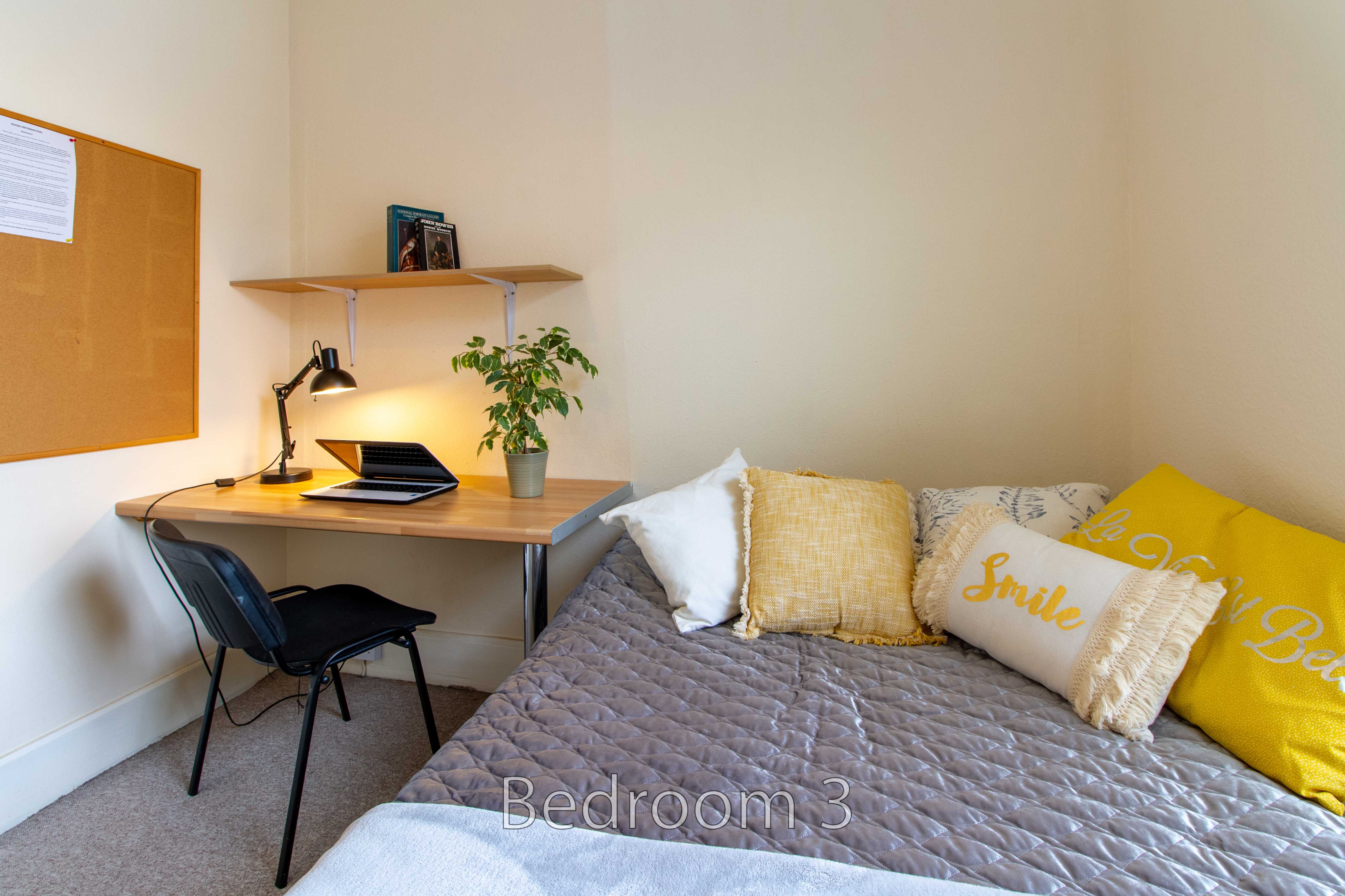 A bedroom with a single bed, desk, chair, wall shelves, corkboard, lamp and potted plant.