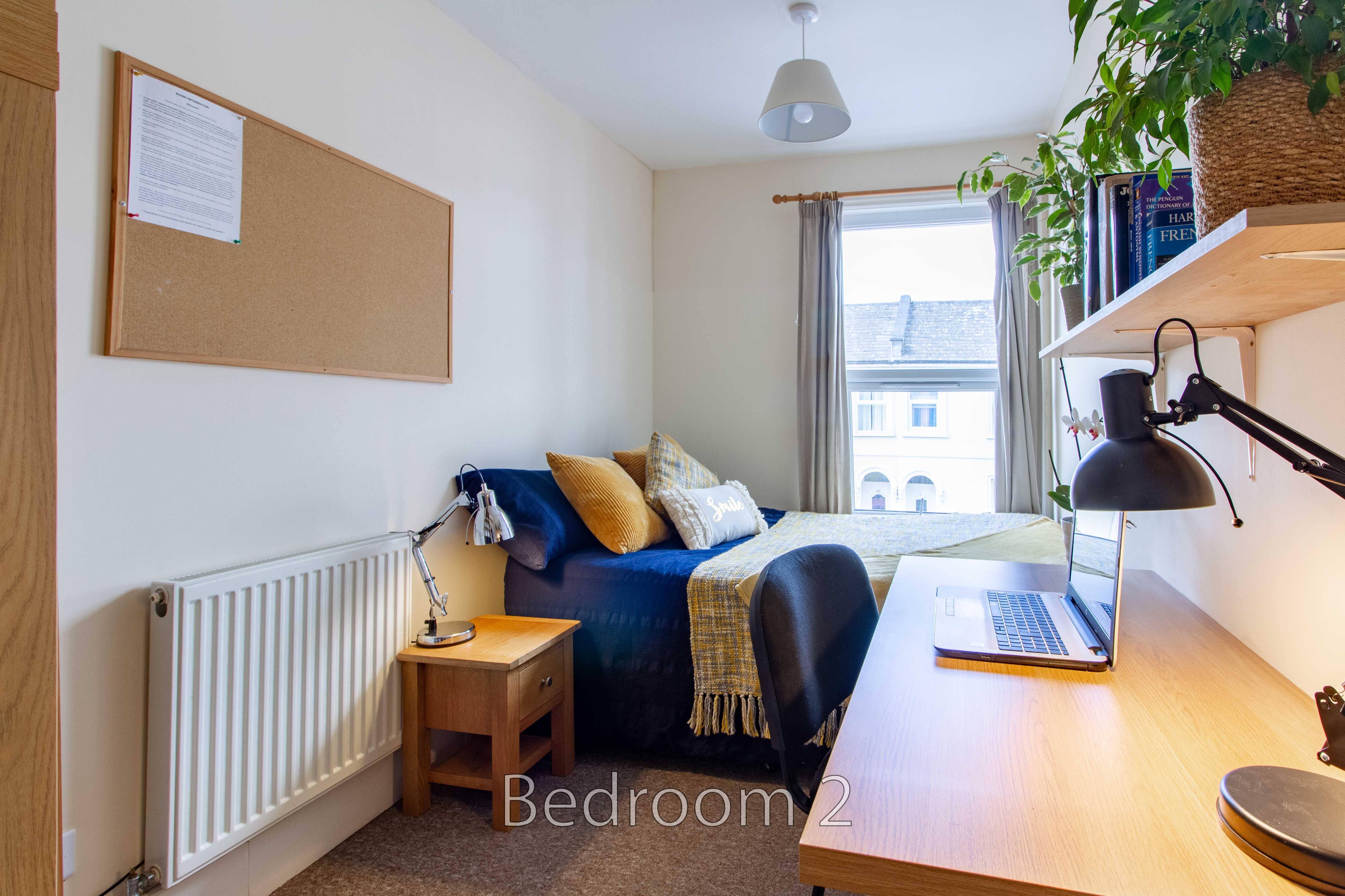 A furnished bedroom with a bed, desk, shelving, radiator and window.