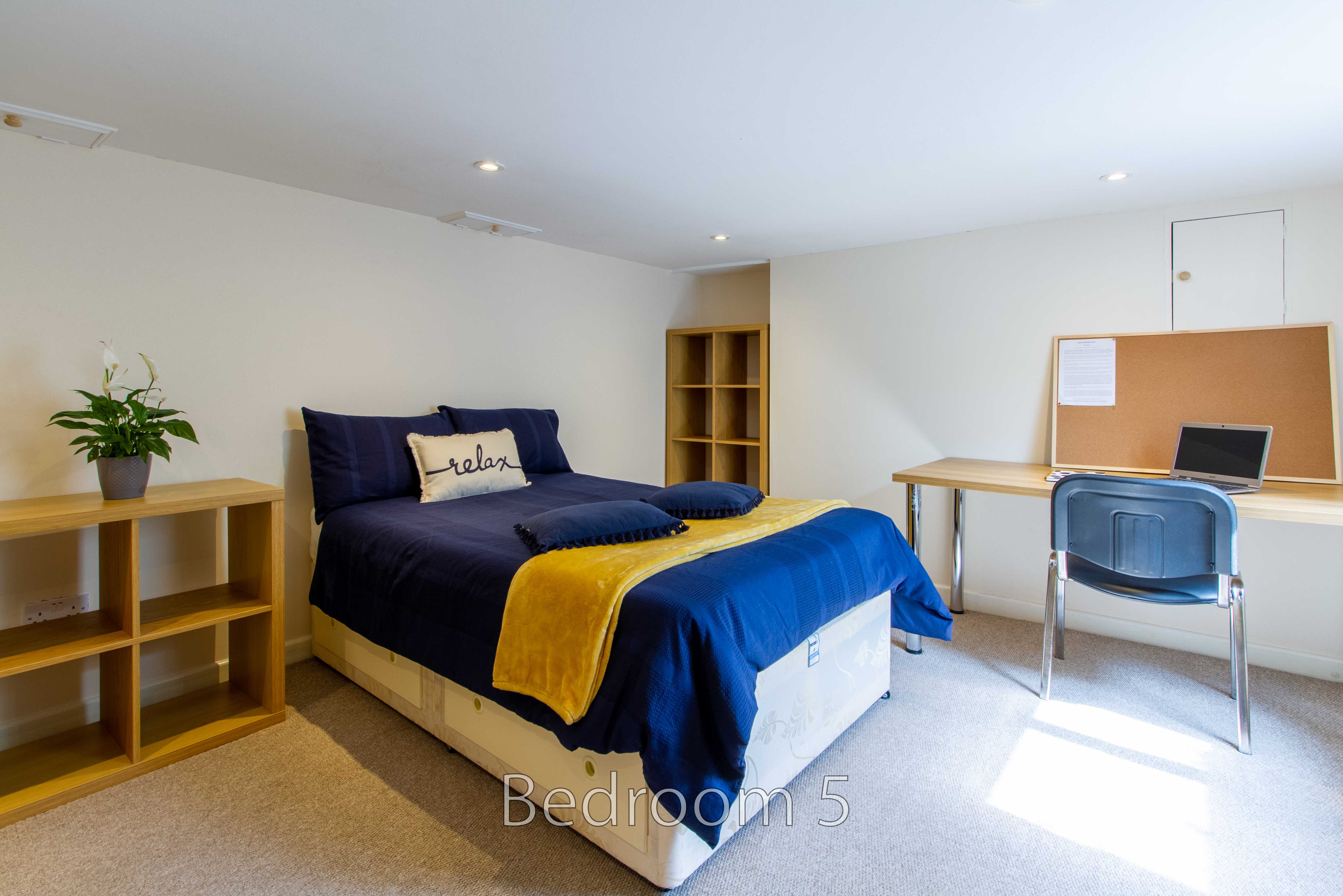 A furnished bedroom with a bed, shelving, desk, chair, and bright windows.