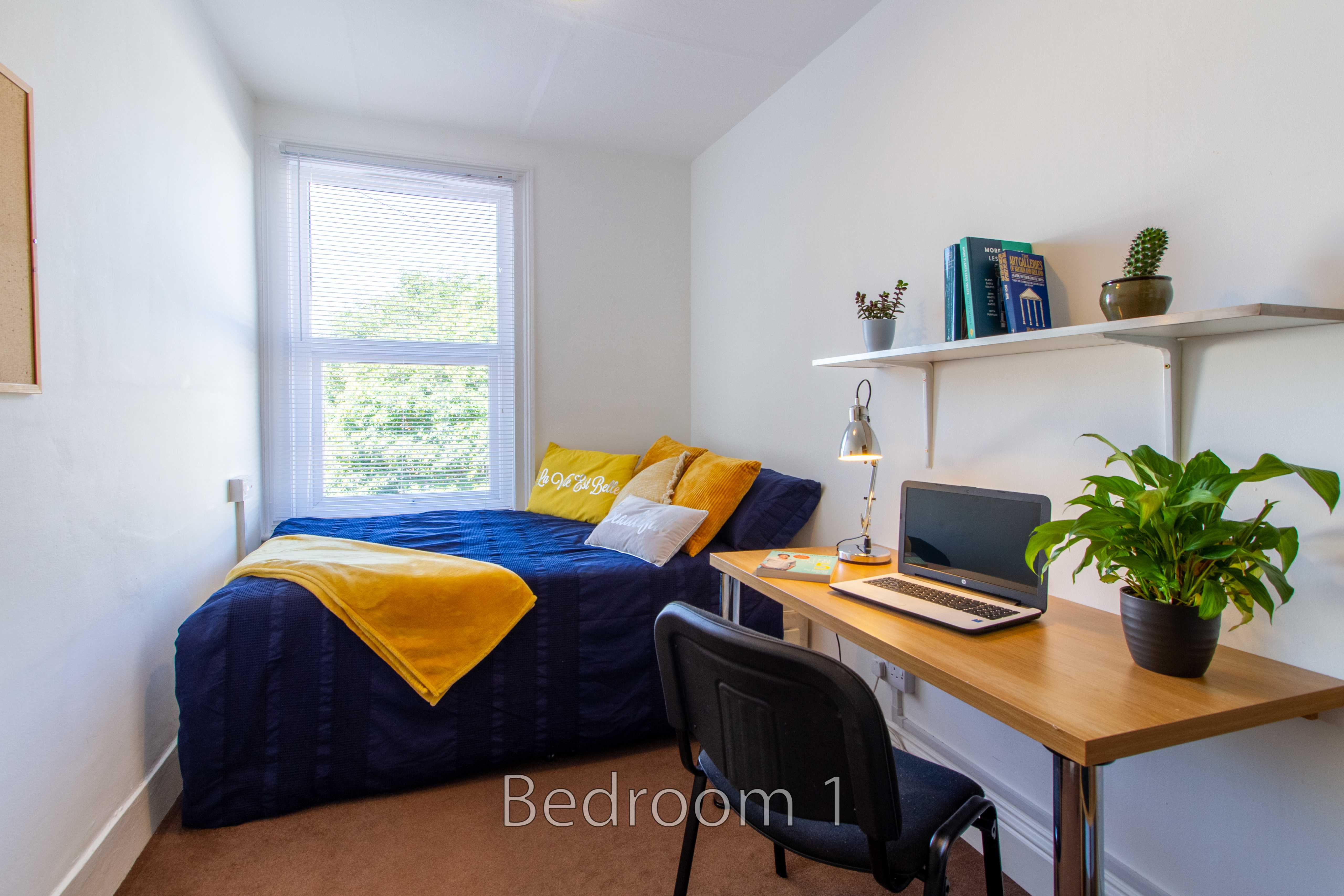 A bedroom with a single bed, desk, chair, window, shelves and a potted plant.