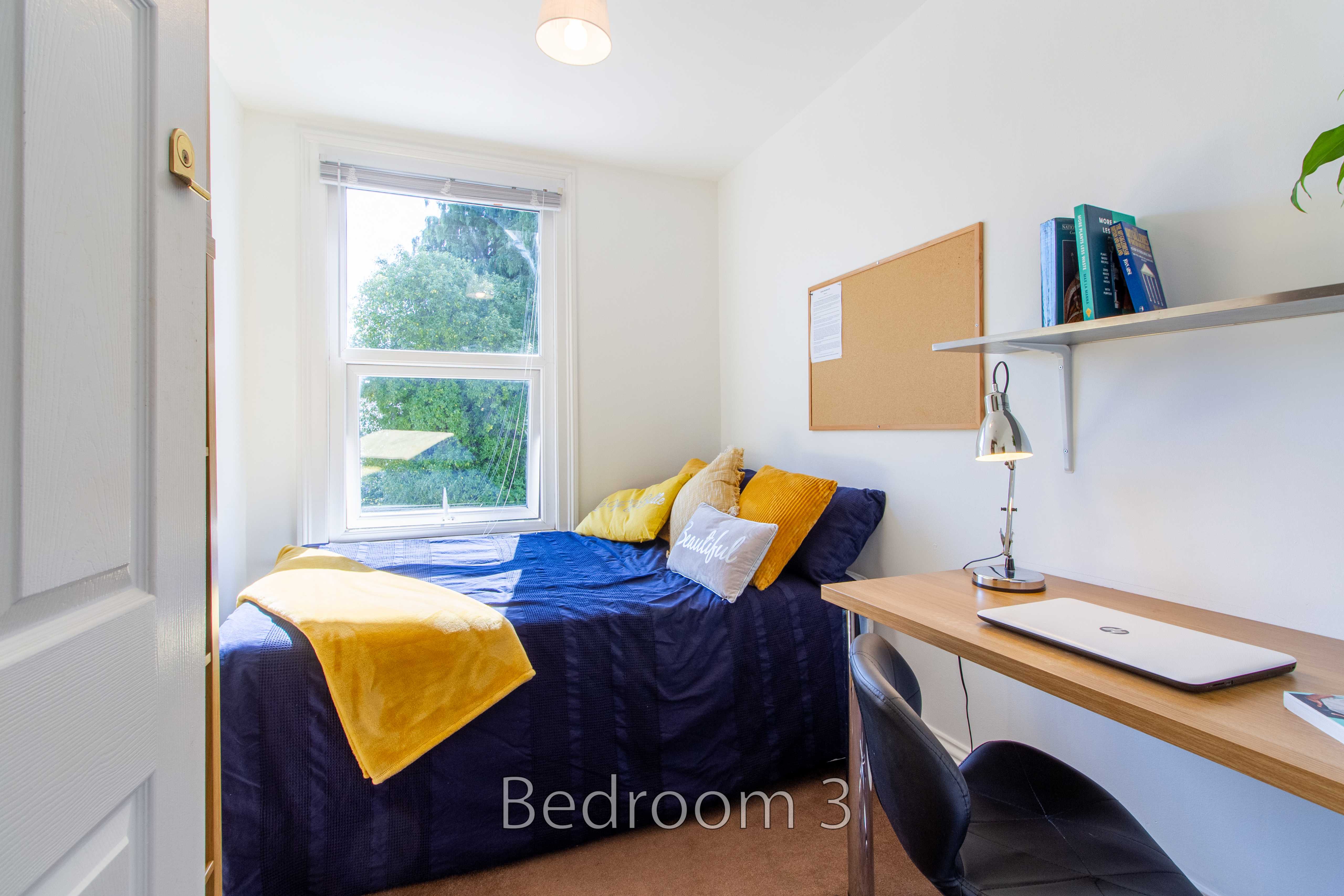 A furnished bedroom with a bed, desk, chair, shelves and a window.