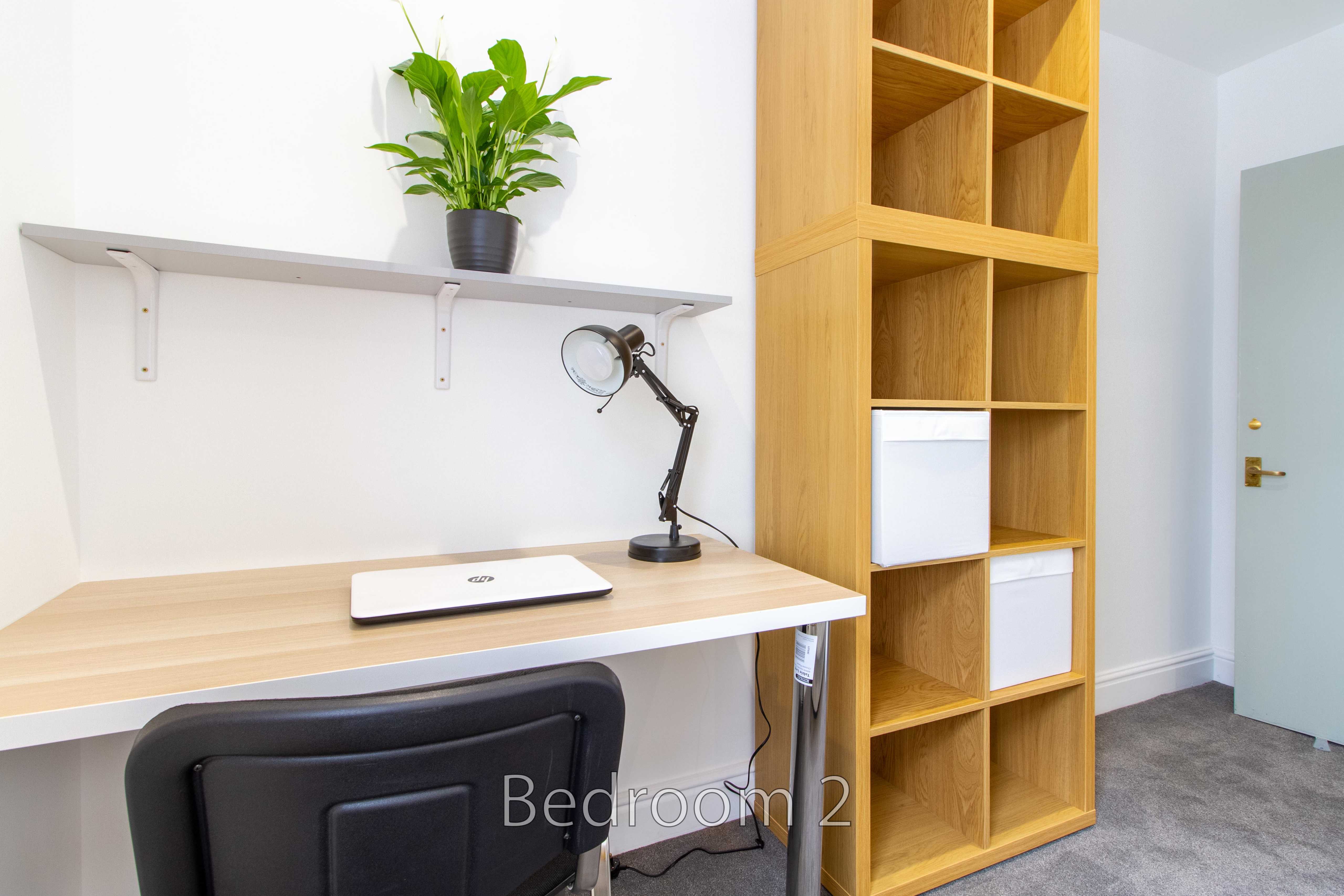Bedroom with a desk, chair, shelving unit, lamp and potted plant.