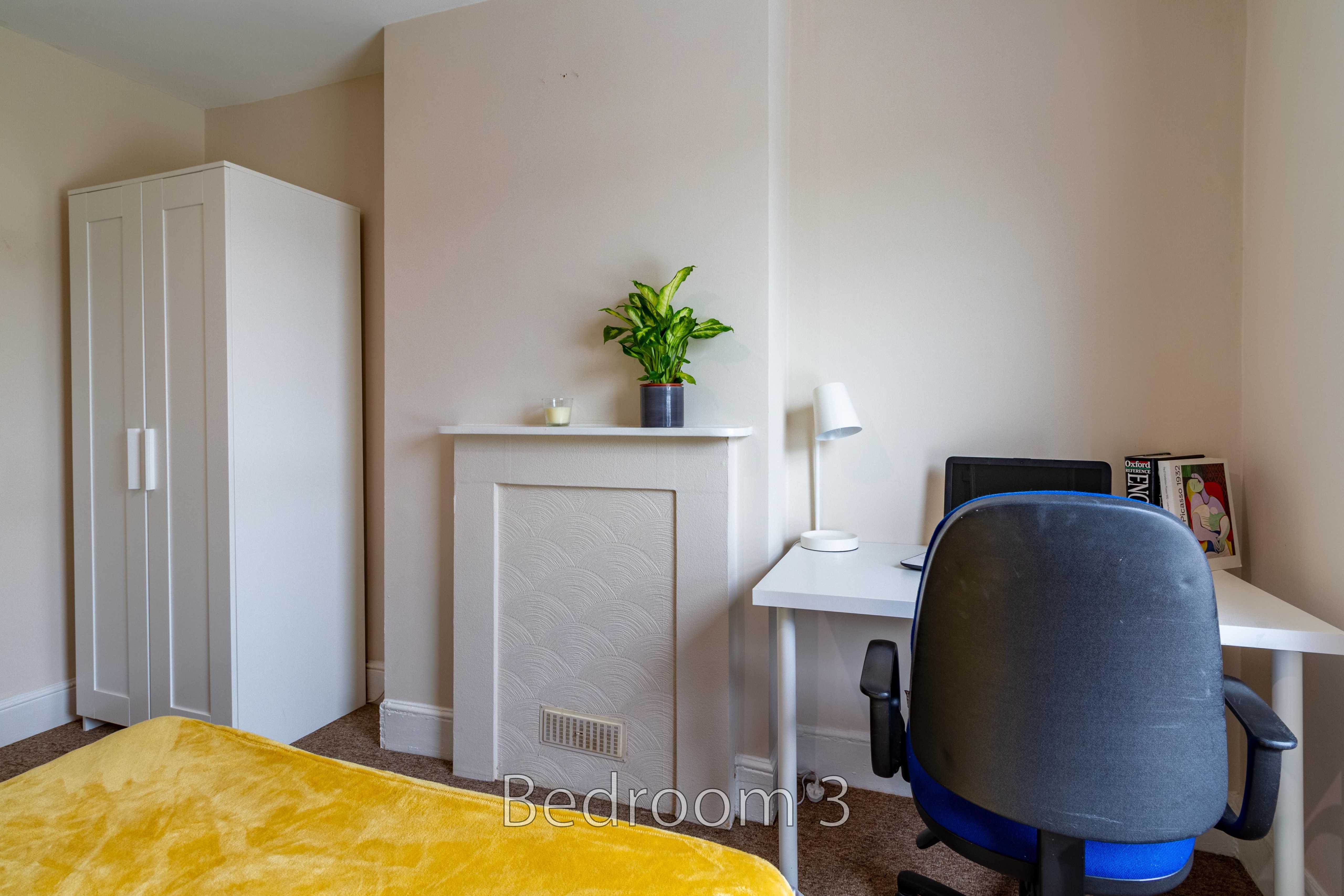 Bedroom with a bed, wardrobe, desk, office chair, television and fireplace.