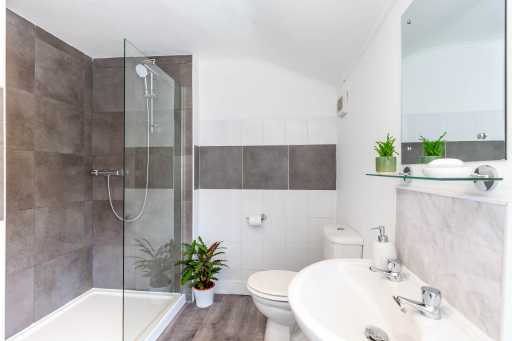 Bright modern bathroom with a glass shower enclosure, toilet, pedestal sink, tiled walls and potted plants.