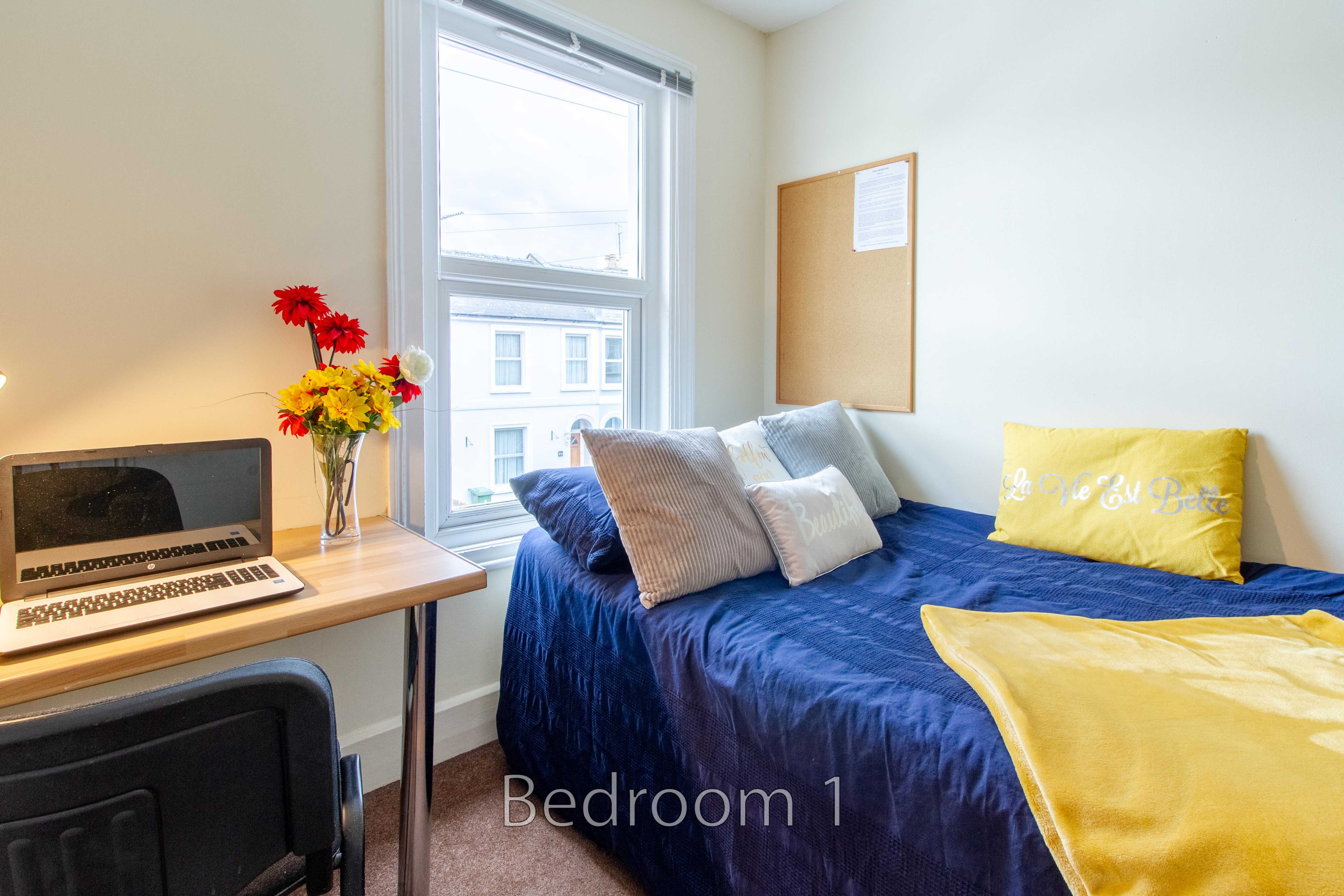 A furnished bedroom with a single bed, desk, laptop, chair, window, and colourful cushions.