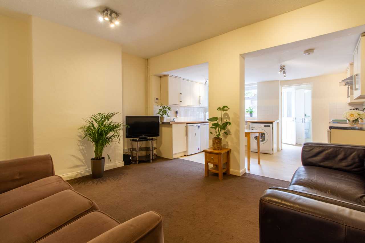 Living room with sofas, television, plants, and open access to a kitchen and dining area.