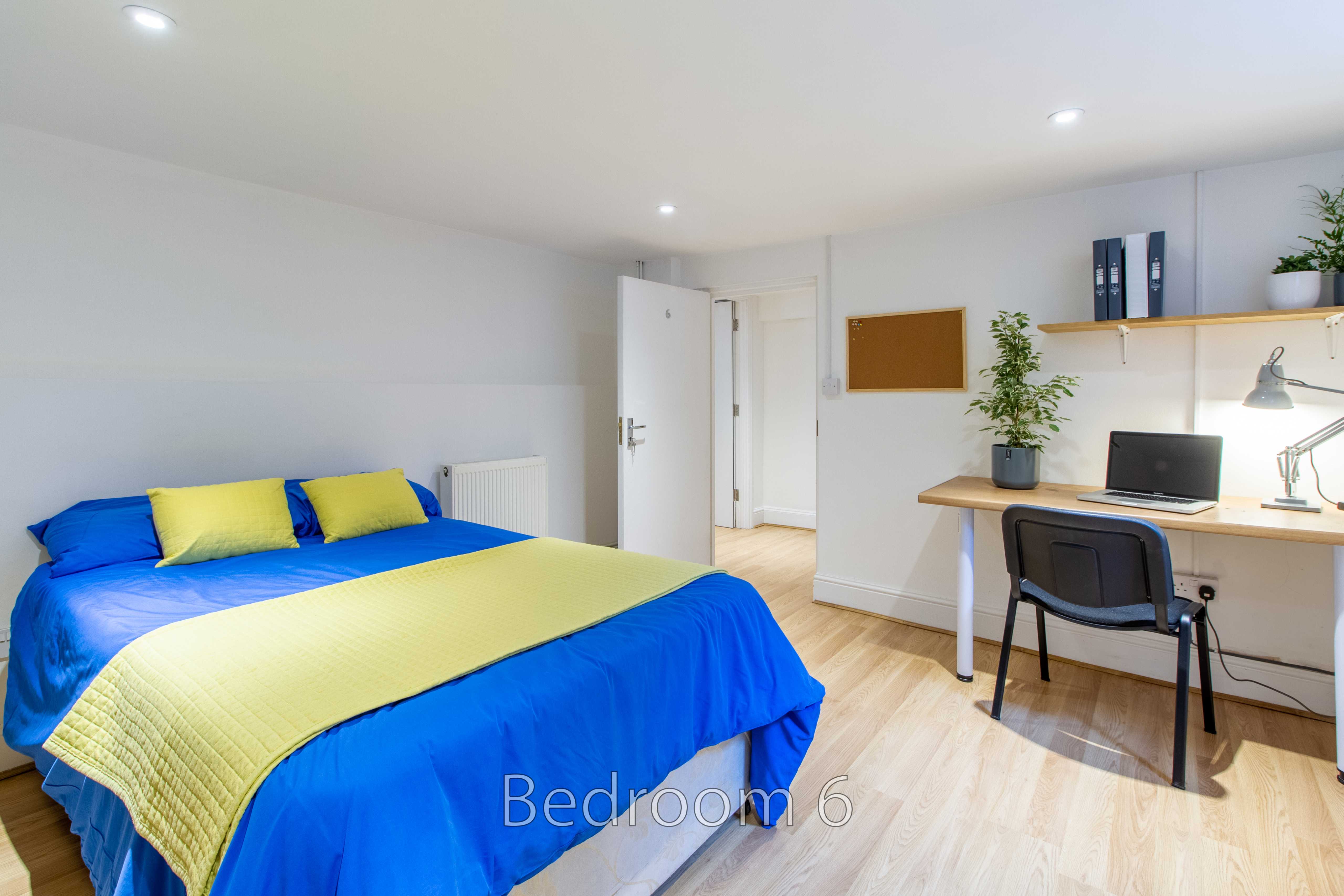 Bedroom with a blue and yellow bed, desk, chair, shelving and a white door.