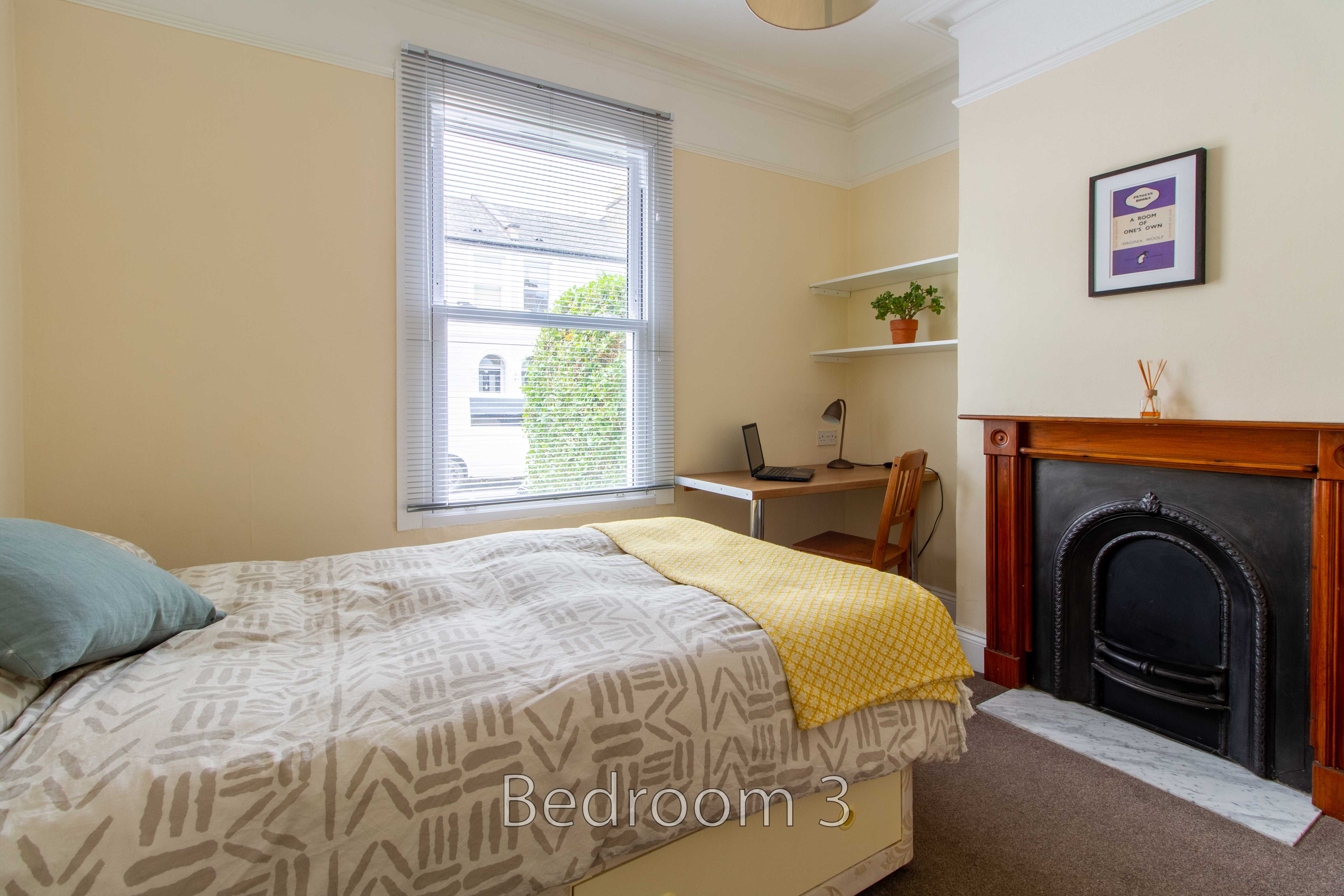 A bedroom with a bed, desk, window, shelves and fireplace.