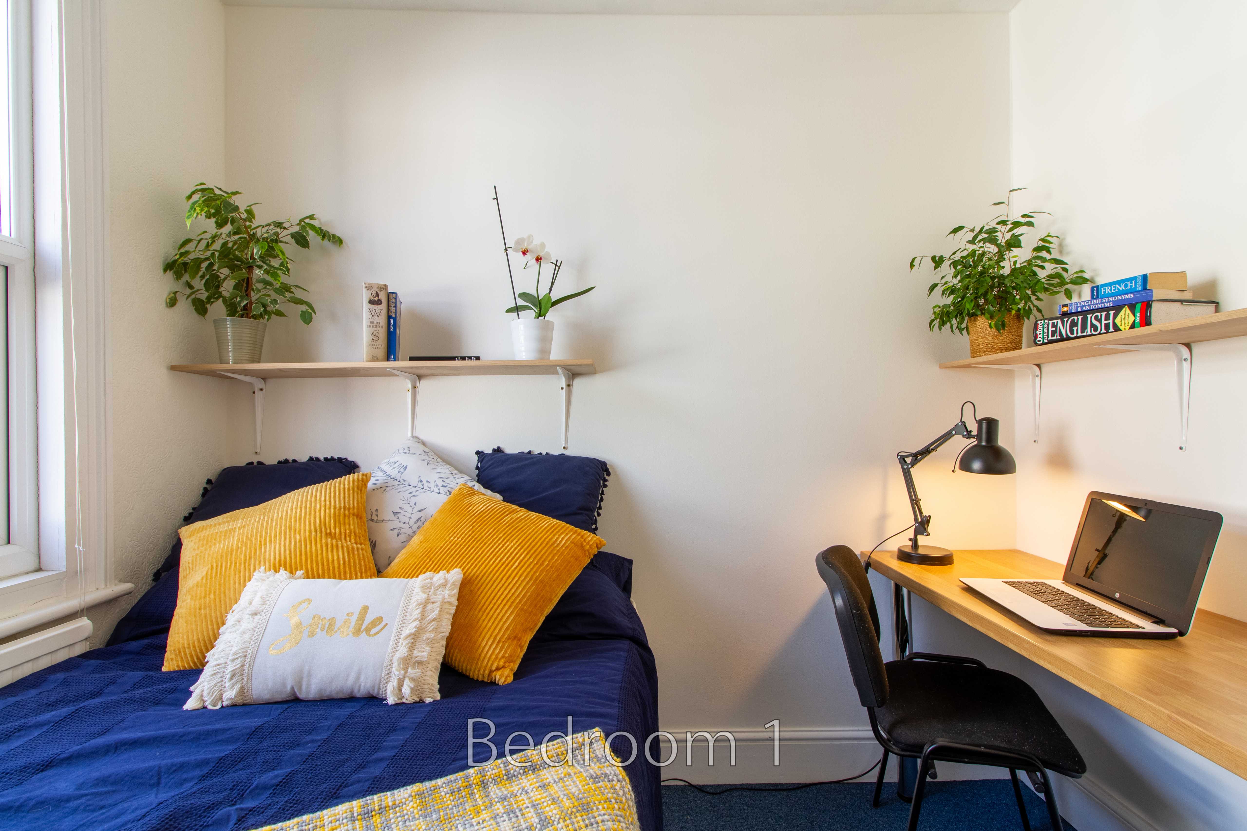A bedroom with a single bed, shelves, plants, and a desk with a laptop.