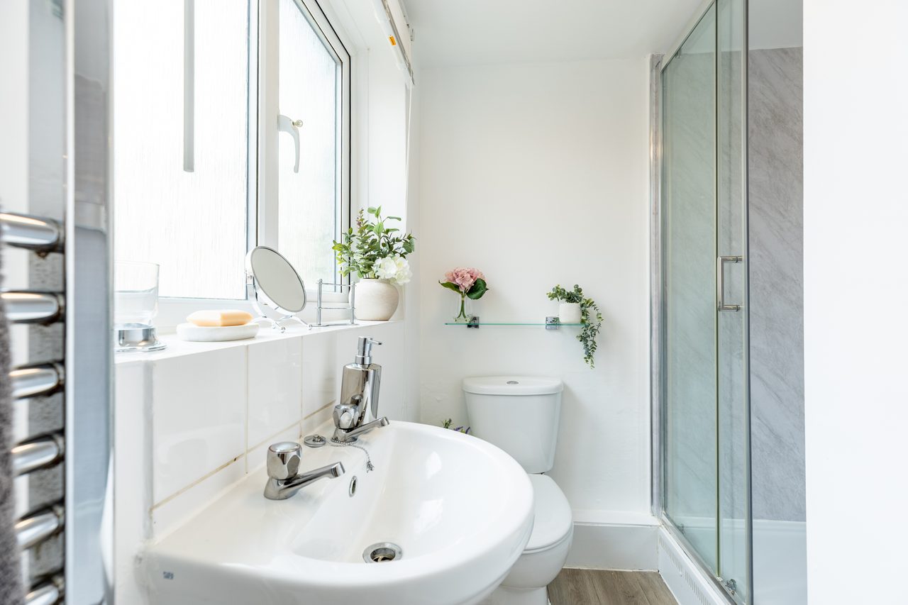 Bright white bathroom with a sink, toilet, bathtub, glass shower screen, window and potted plants.