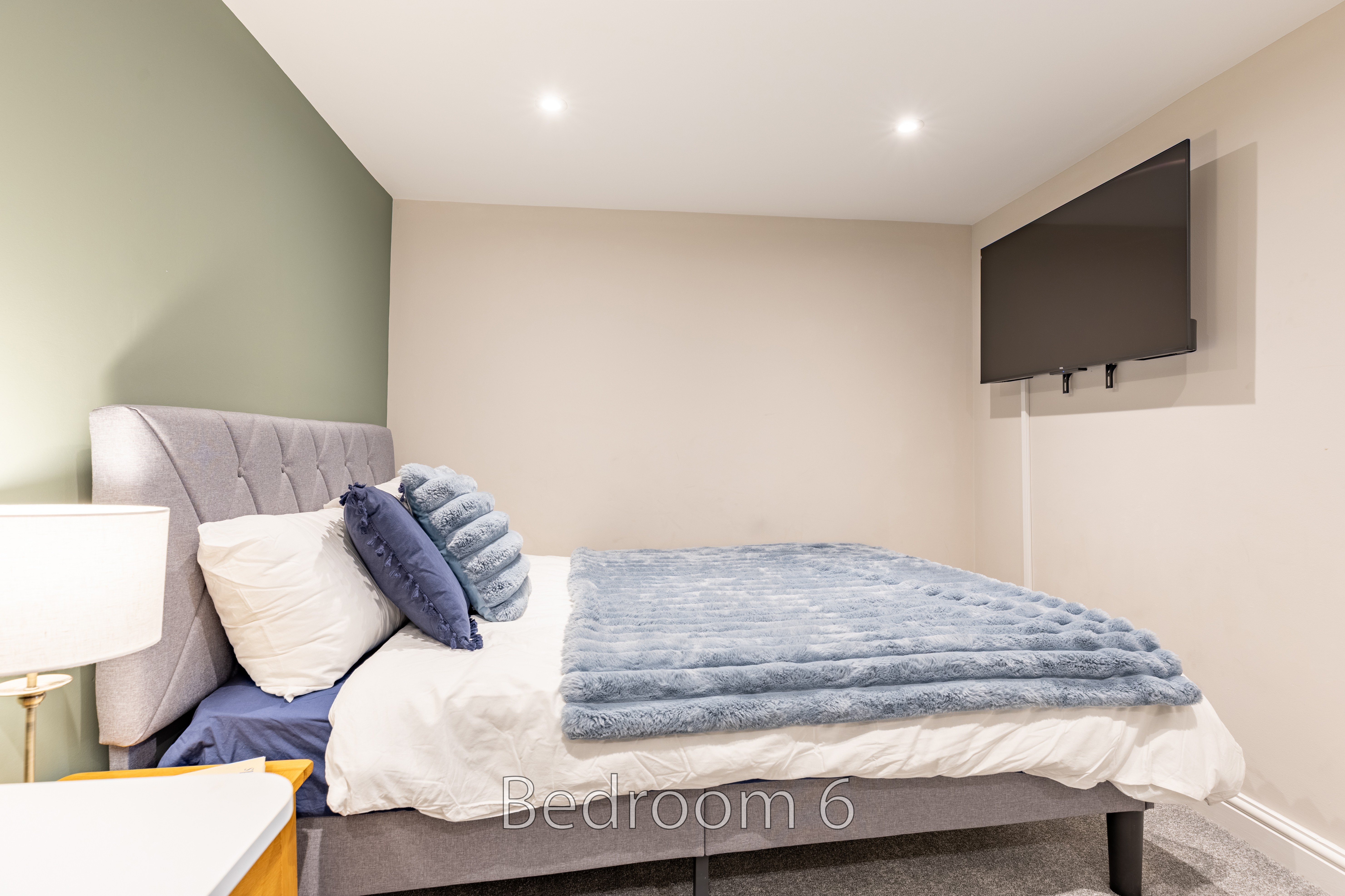 A bedroom with a double bed, blue bedding, bedside lamp and wall-mounted television.